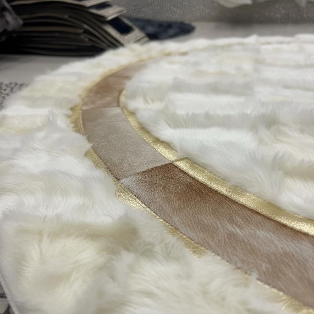 Beyaz Zeminli Açık Kahverengi Çember Detaylı Yuvarlak Toskana Halı