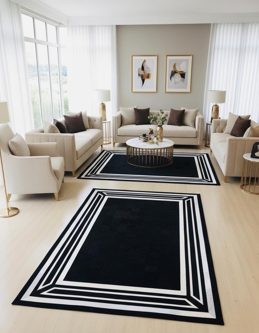 Siyah Zeminli Beyaz Bordürlü Dana Derisi Patchwork Halı – El Yapımı Doğal Deri Dekoratif Halı