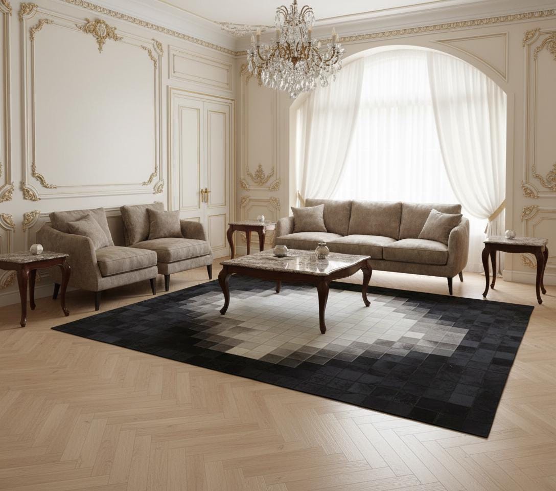 Gri, Beyaz ve Siyah Tonlu Dana Derisi Patchwork Halı