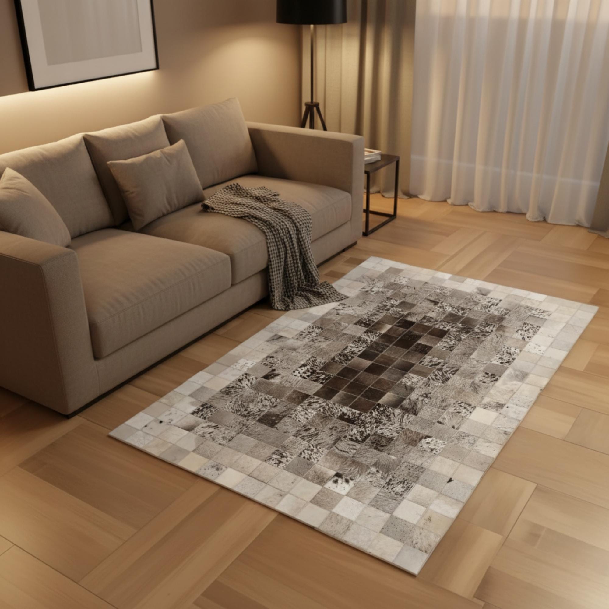 Açık Gri ve Bej Tonlu Dana Derisi Patchwork Halı