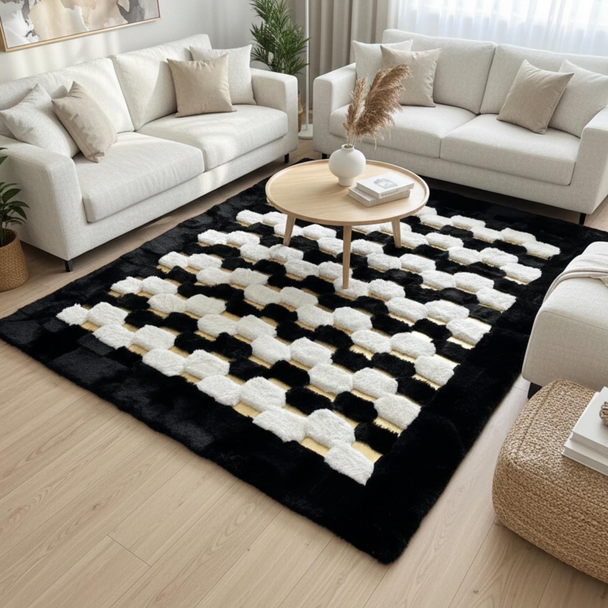 Siyah Zeminli Beyaz, Altın Geometrik Desenli Peluş Halı – Yumuşak Dokulu