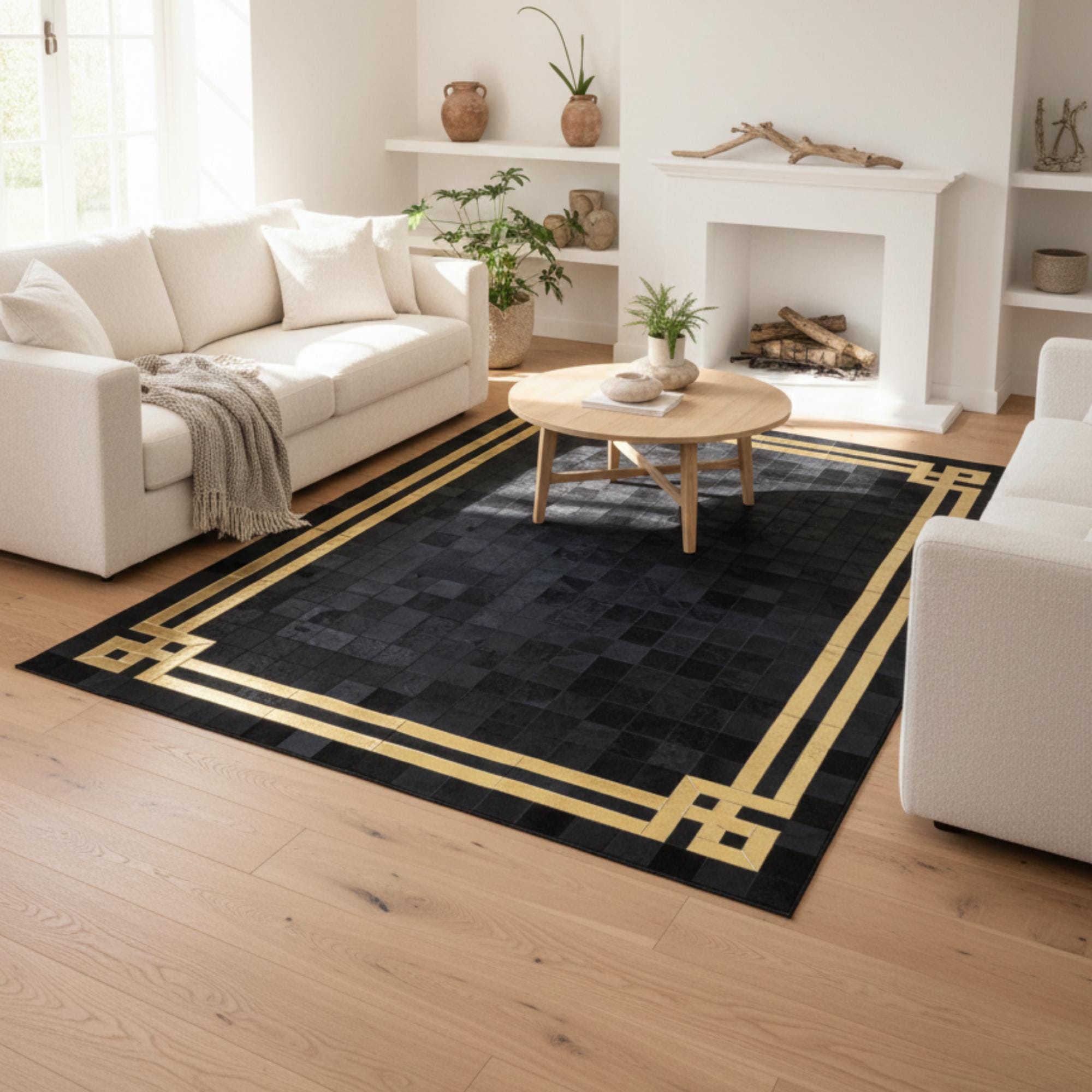 Siyah ve Altın Kenarlı Dana Derisi Patchwork Halı – El Yapımı Doğal Deri Dekoratif Halı