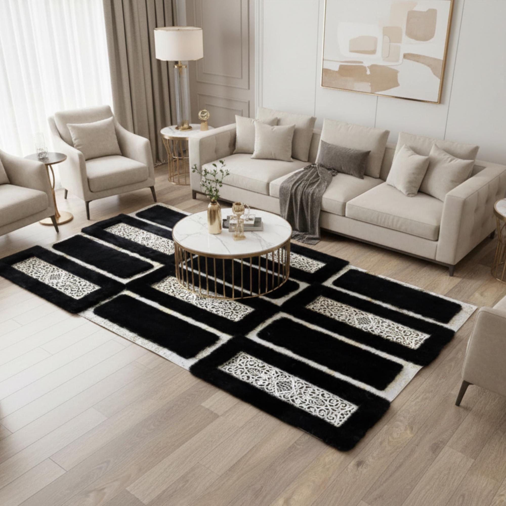 Siyah Zeminli Gri, Silver Dikdörtgen Blok Desenli Peluş Halı