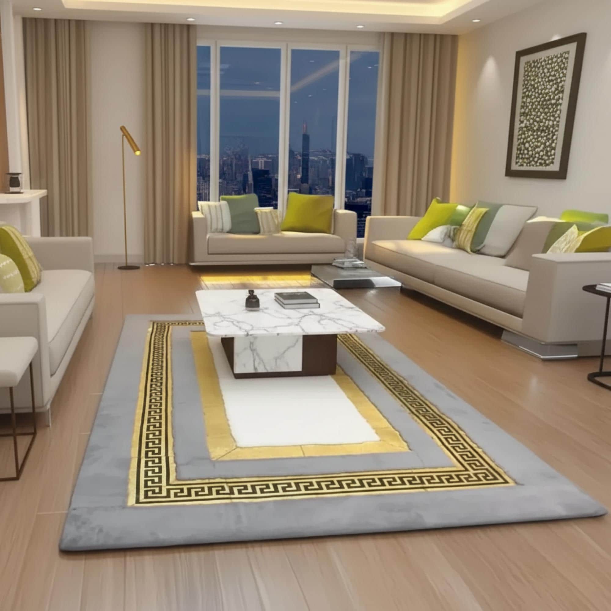 Gri Zeminli Altın Klasik Bordür Detaylı Peluş Halı – Yumuşak Dokulu, Şık ve Dekoratif Halı