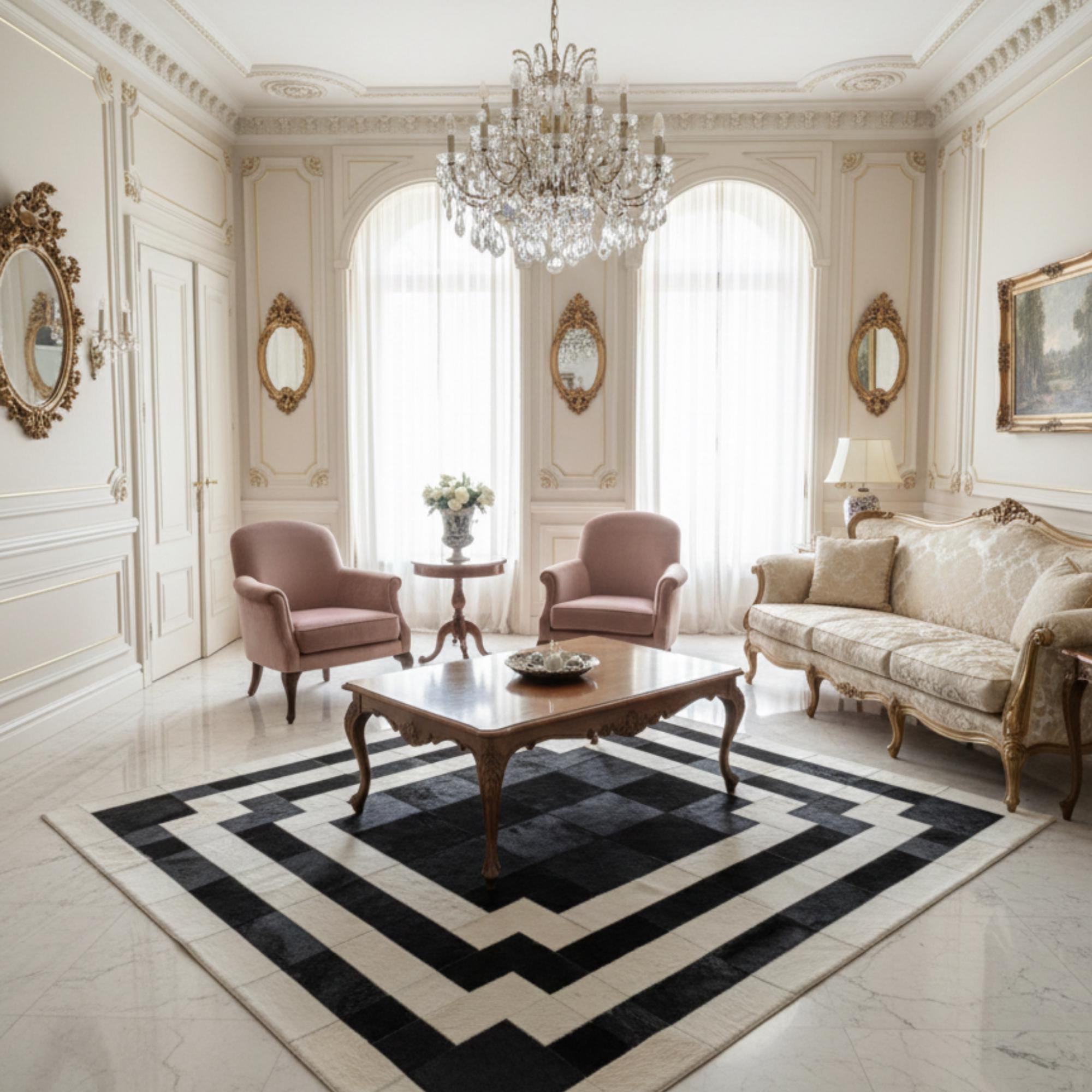 Siyah ve Beyaz Bordürlü Dana Derisi Patchwork Halı – El Yapımı Doğal Deri Dekoratif Halı