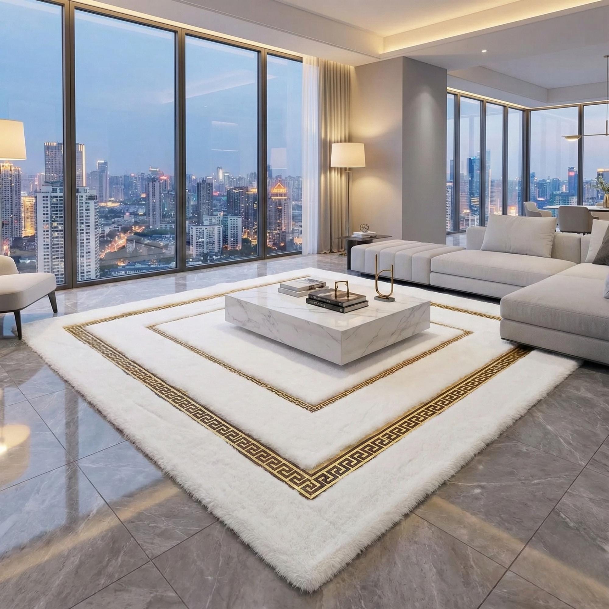 Beyaz Zeminli Altın Çerçeve Detaylı Peluş Halı – Yumuşak Dokulu, Şık ve Dekoratif Halı