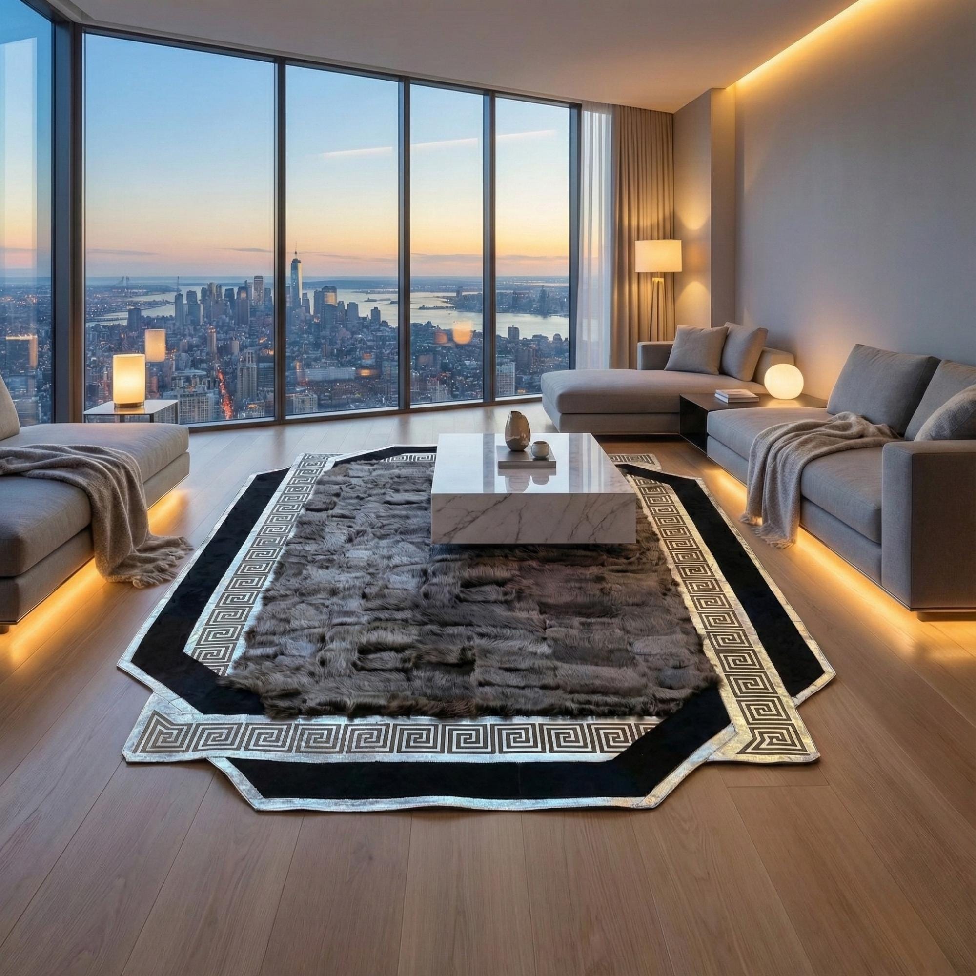 Geometrik Bordürlü Gri Toscana Kürk Salon Halısı – Modern Lüks Tasarım