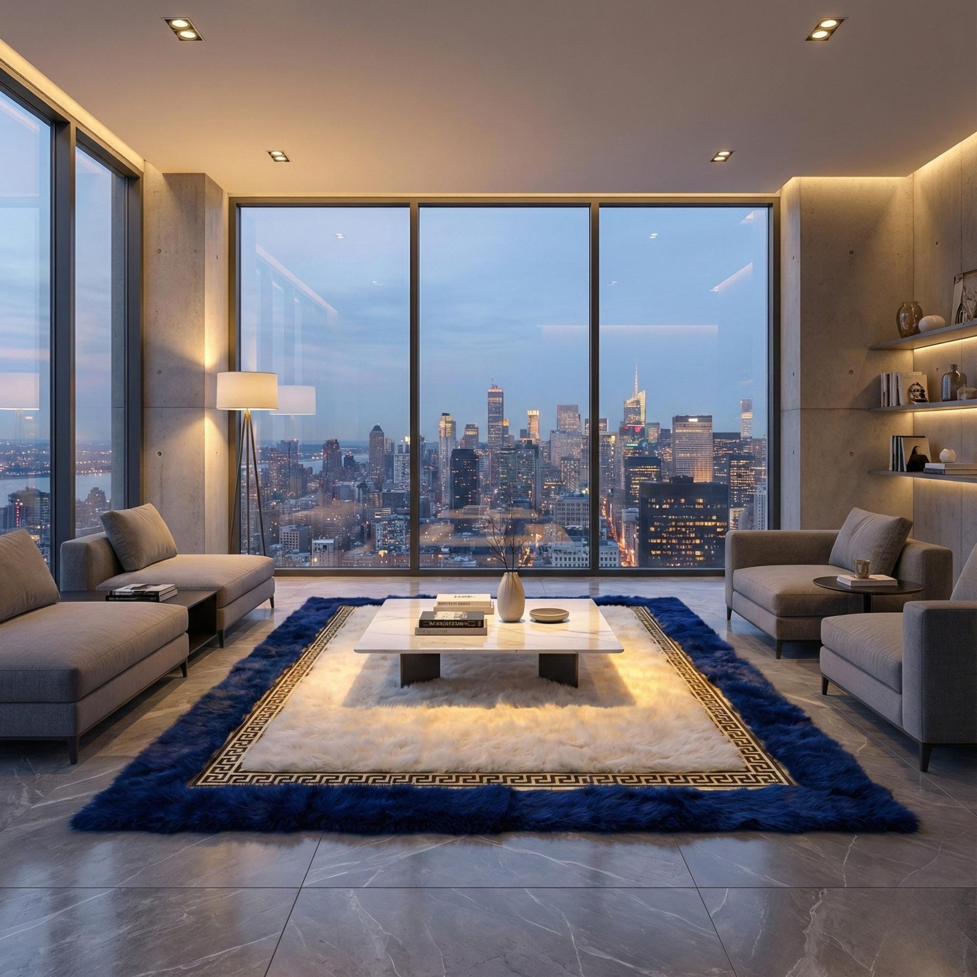 Lacivert Çerçeveli Krem Toscana Kürk Salon Halısı – Zarif ve Lüks Tasarım