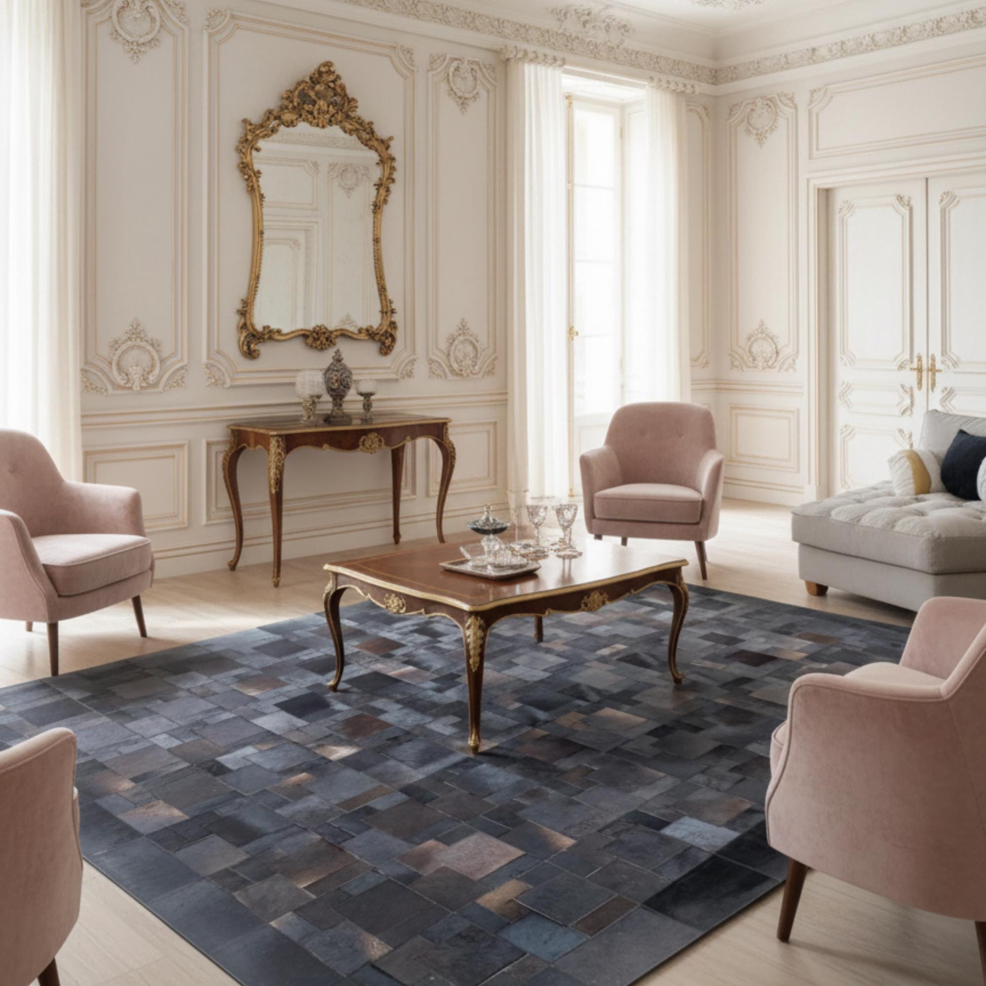 Koyu Gri Tonlu Dana Derisi Patchwork Halı – El Yapımı Doğal Deri Dekoratif Halı