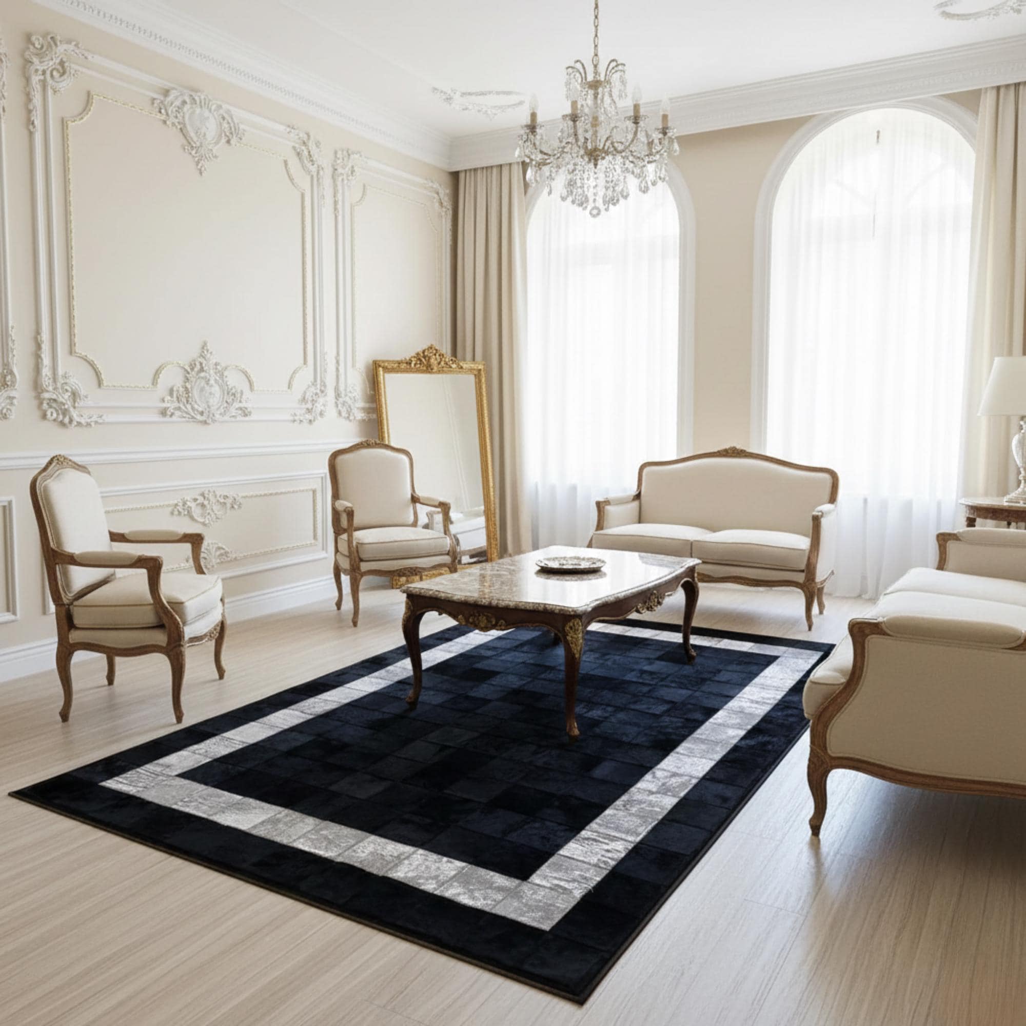 Siyah ve Açık Tonlu Çerçeveli Dana Derisi Patchwork Halı