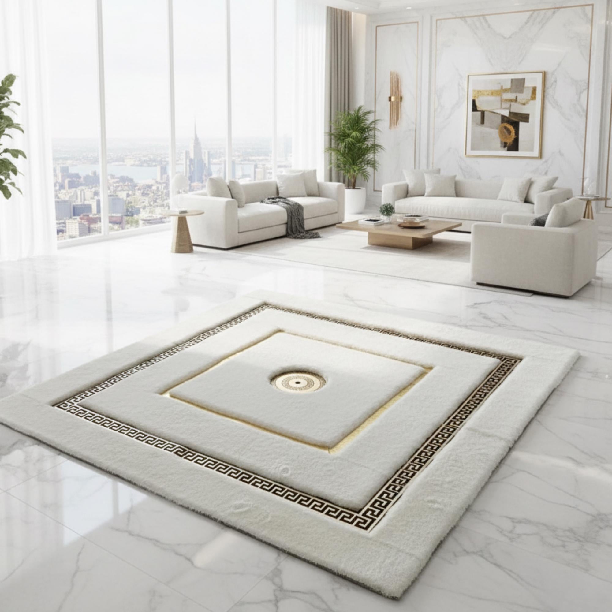 Beyaz Zeminli Merkez Altın Motifli Klasik Bordürlü Peluş Halı