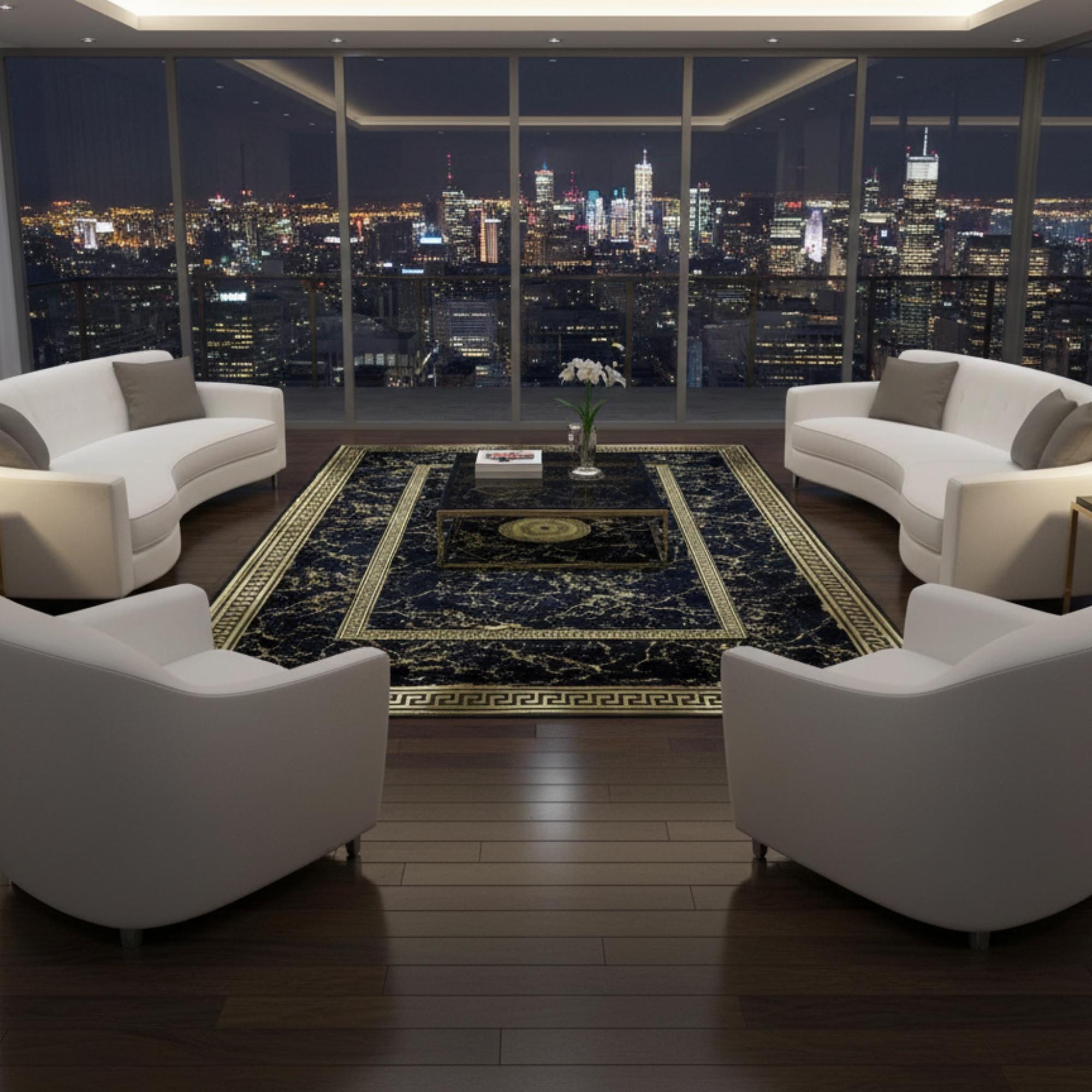 Siyah Zeminli Merkez Altın Madalyonlu Klasik Bordürlü Peluş Halı