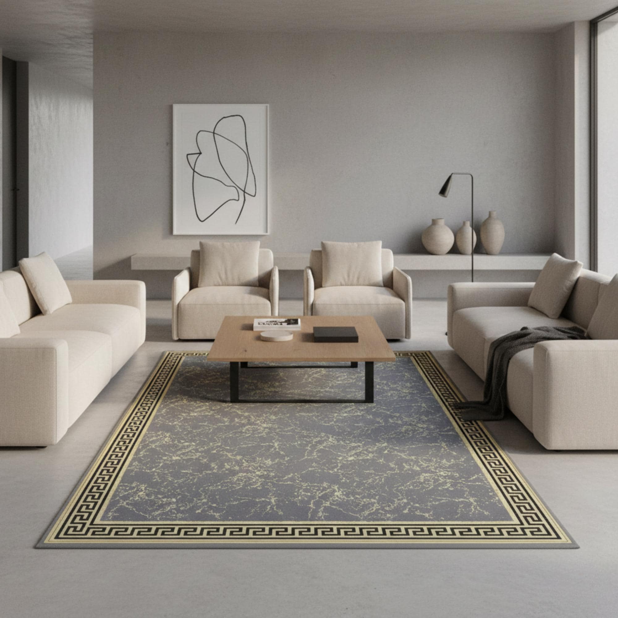 Gri Zeminli Altın Klasik Bordürlü Peluş Halı – Yumuşak Dokulu, Şık ve Dekoratif Halı