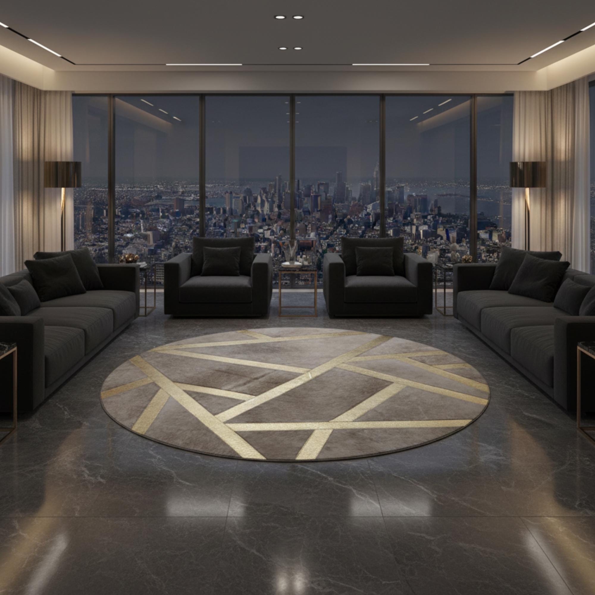 Gri Zeminli Altın Çizgi Desenli Yuvarlak Dana Derisi Patchwork Halı