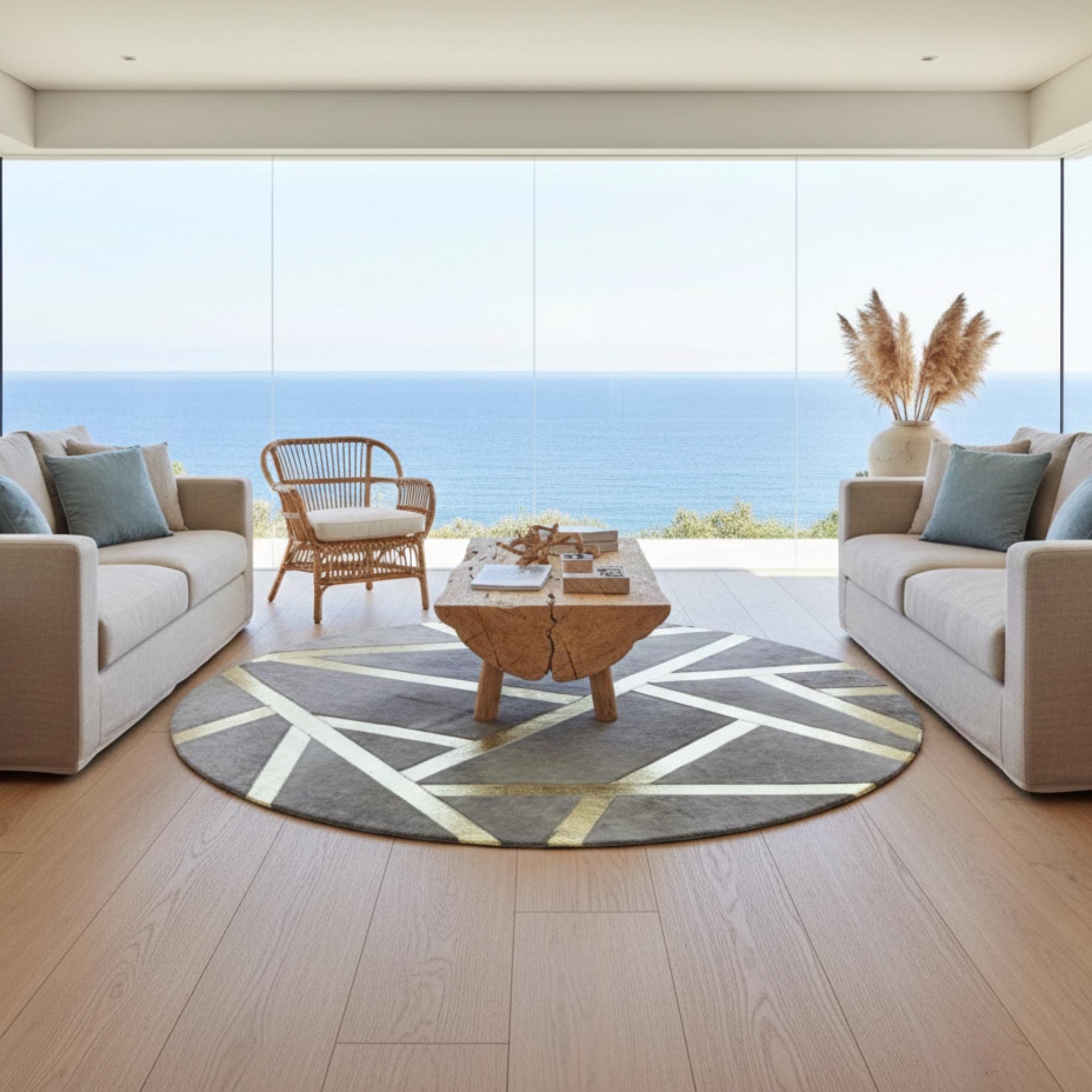 Gri Zeminli Altın Çizgi Desenli Yuvarlak Dana Derisi Patchwork Halı