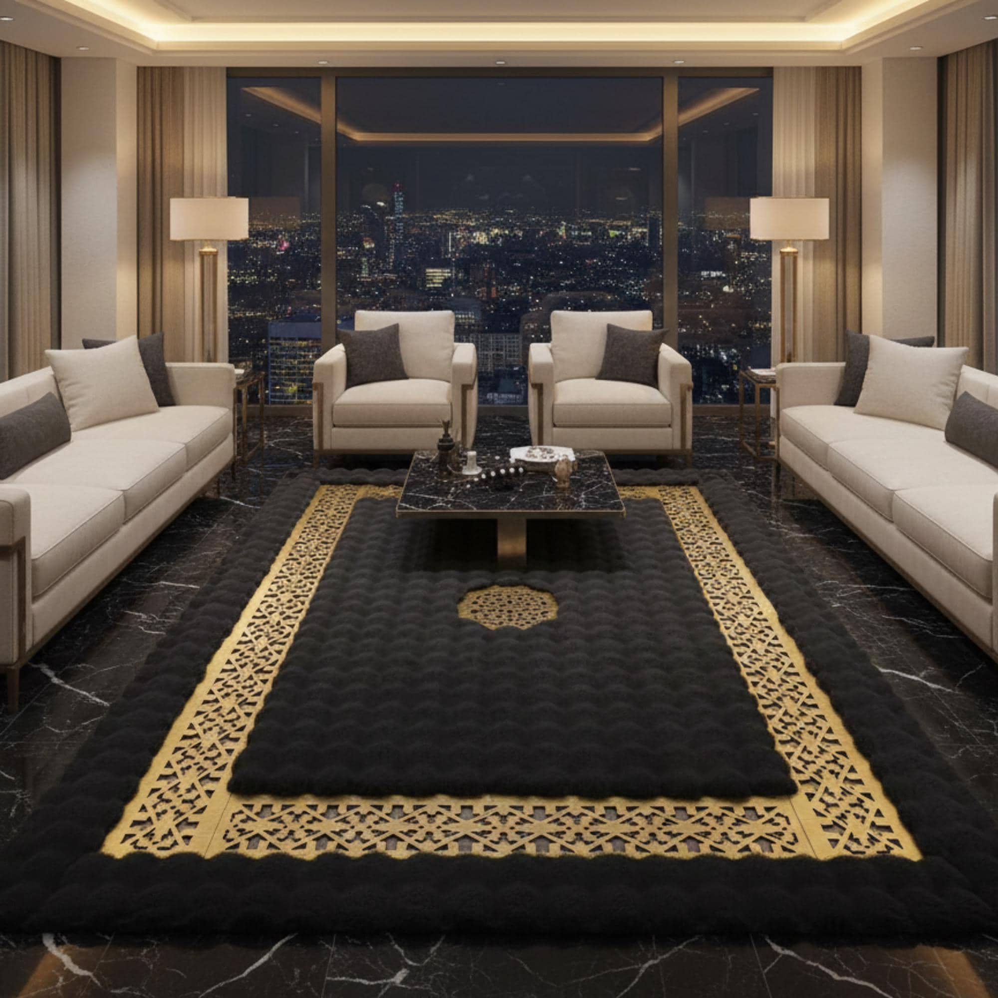 Siyah Zeminli Altın Geometrik Bordürlü Peluş Halı