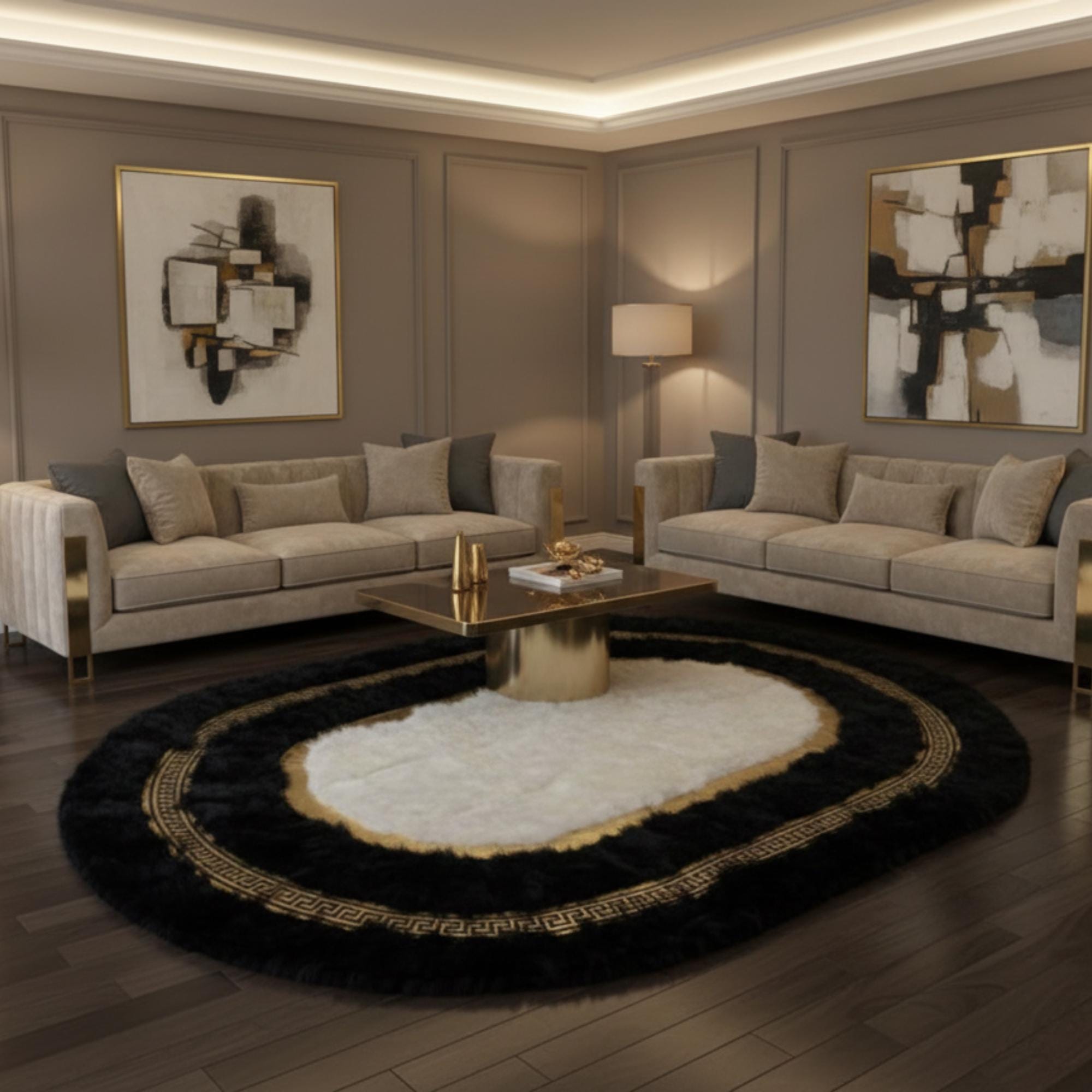 Siyah Zeminli Beyaz Merkezli Altın Motif Bordürlü Oval Peluş Halı