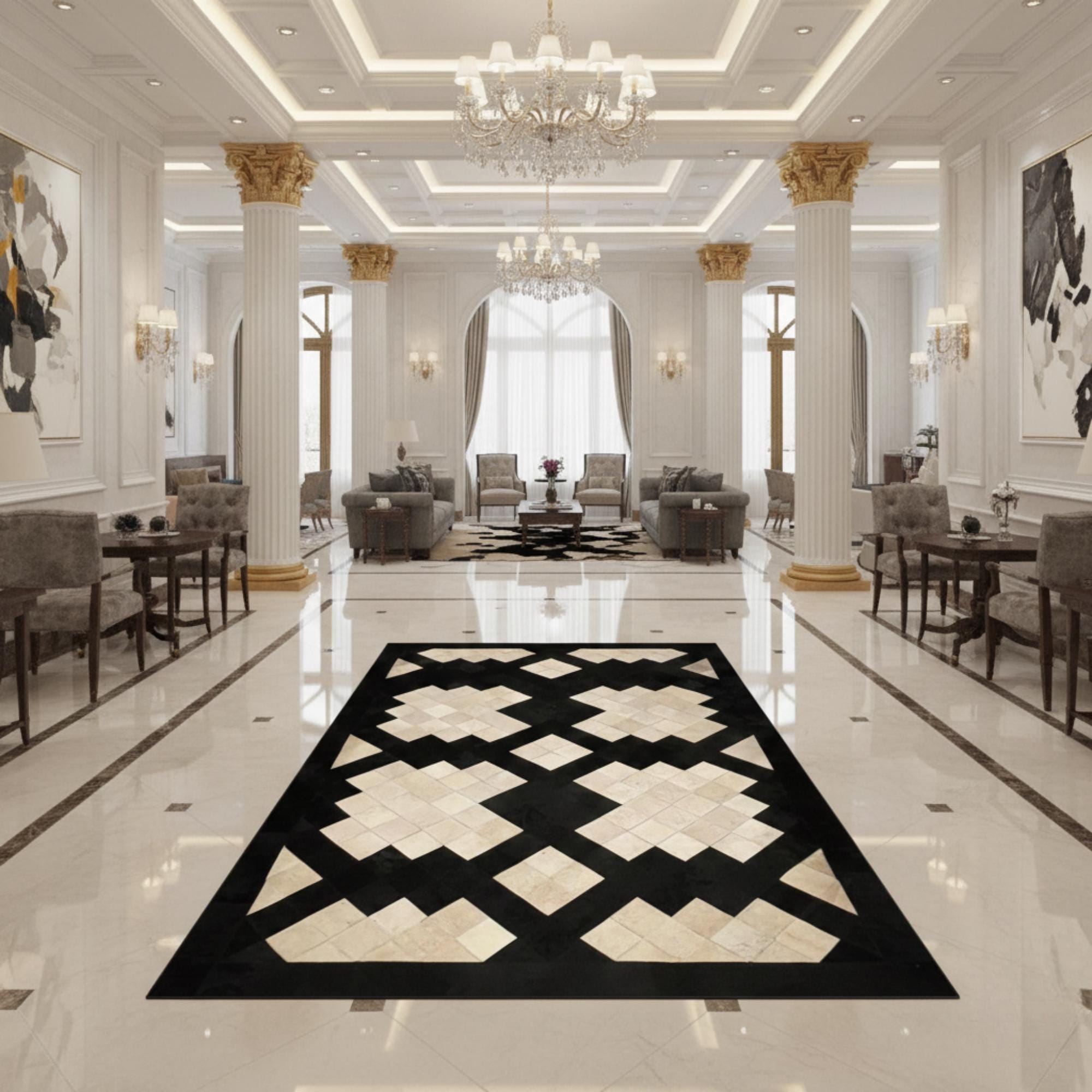 Siyah ve Krem Tonlu Geometrik Dana Derisi Patchwork Halı