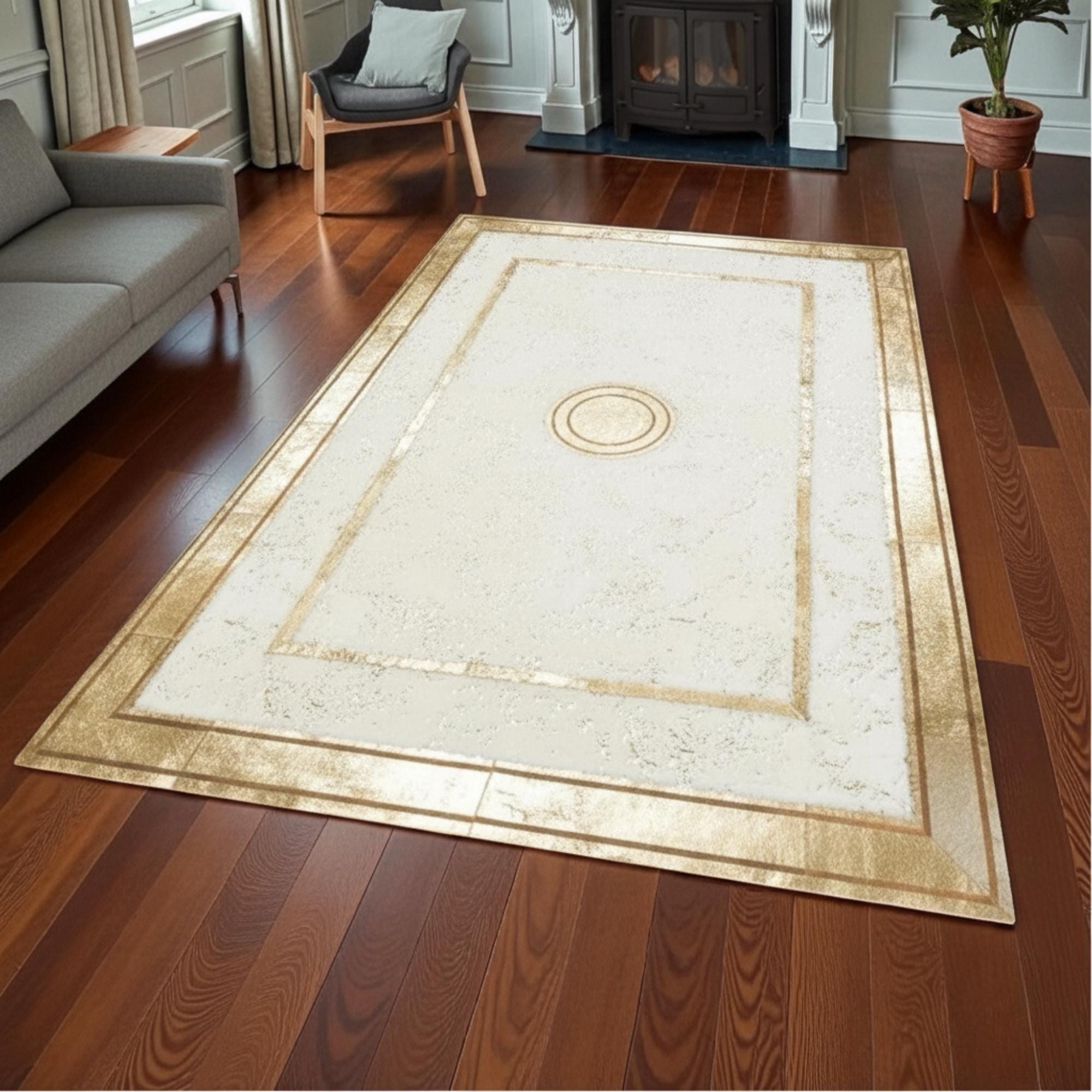 Beyaz Zeminli Altın İnce Bordür Detaylı Peluş Halı