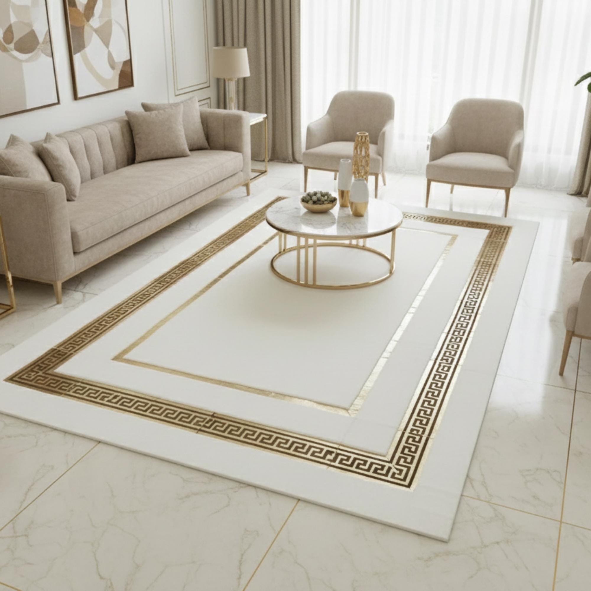 Beyaz Zeminli Çift Katmanlı Altın Çerçeve Detaylı Peluş Halı