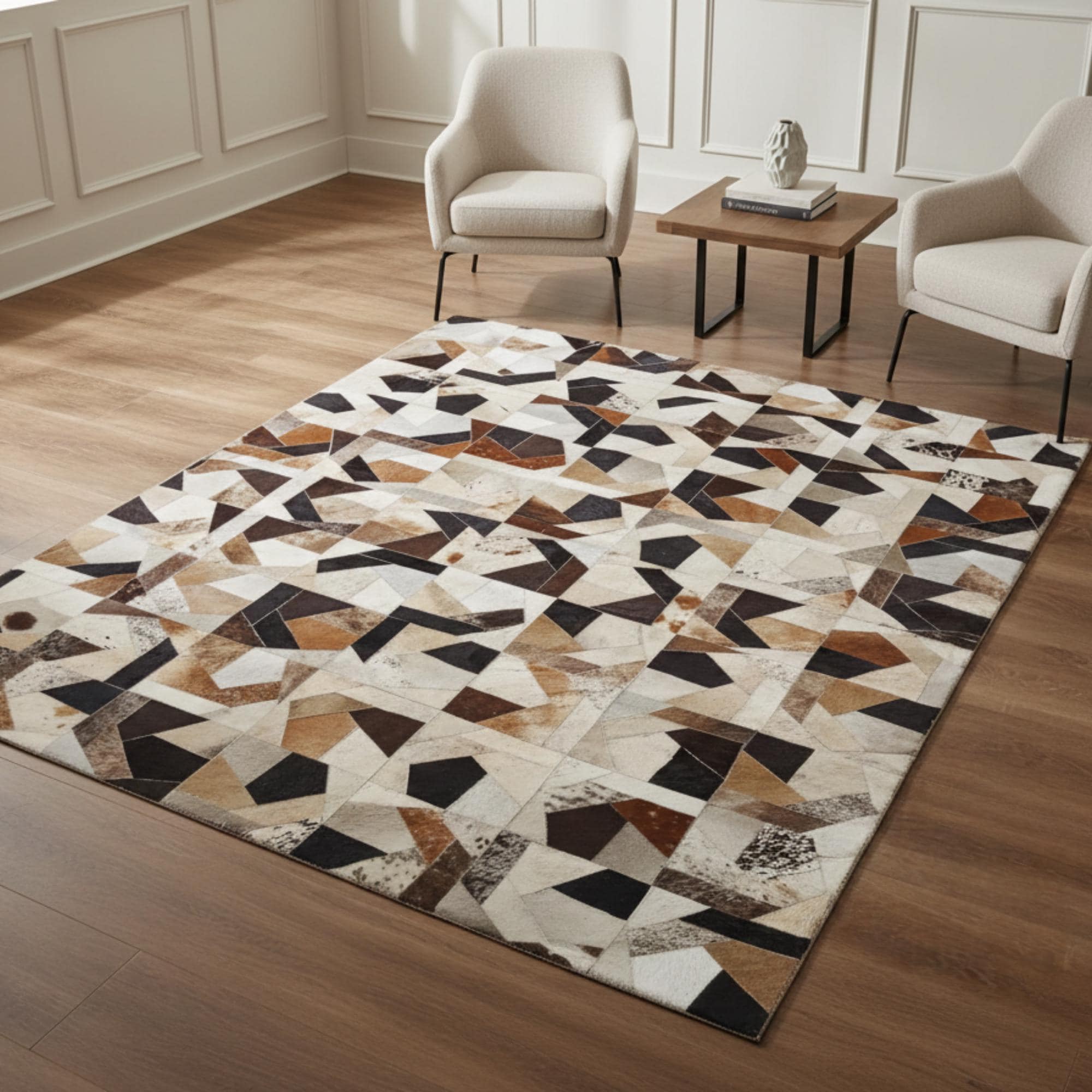 Modern Patchwork Cowhide Rug, Geometric Ombre Design