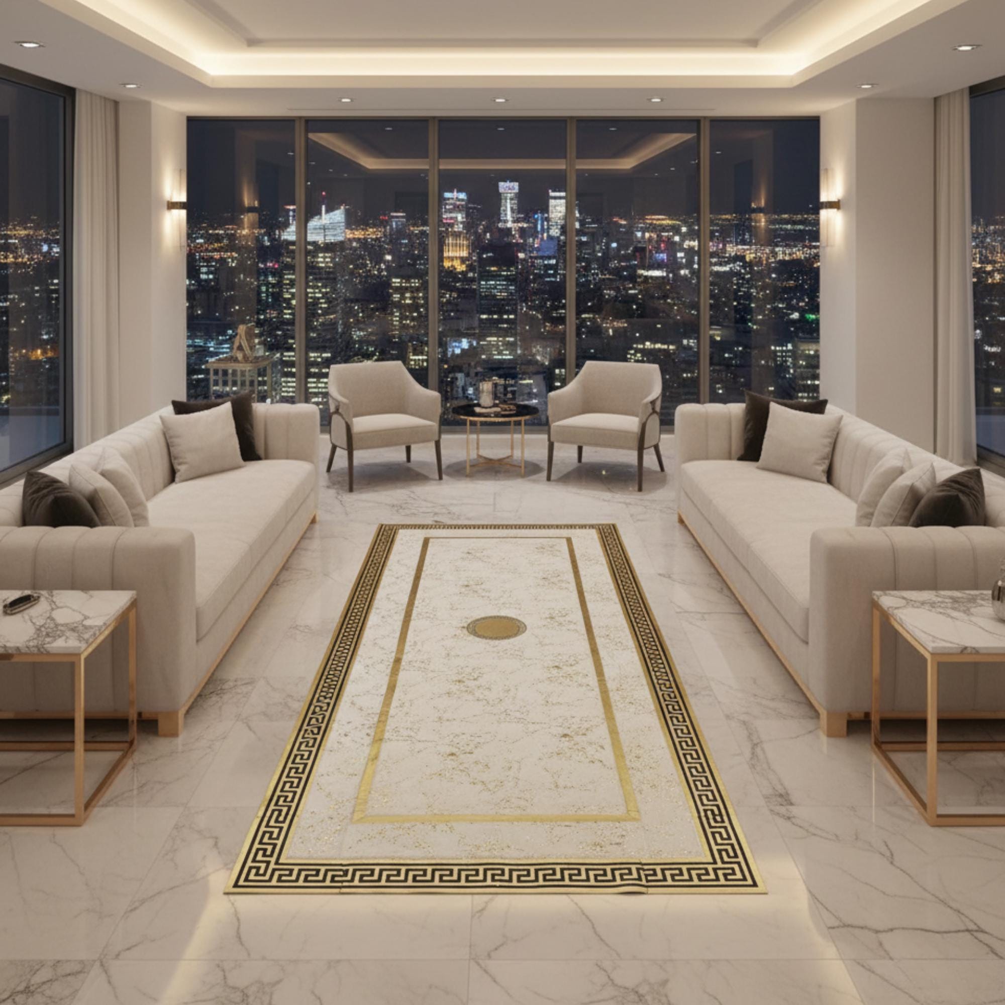 Beyaz Zeminli Merkez Altın Motifli Geniş Çerçeveli Peluş Halı