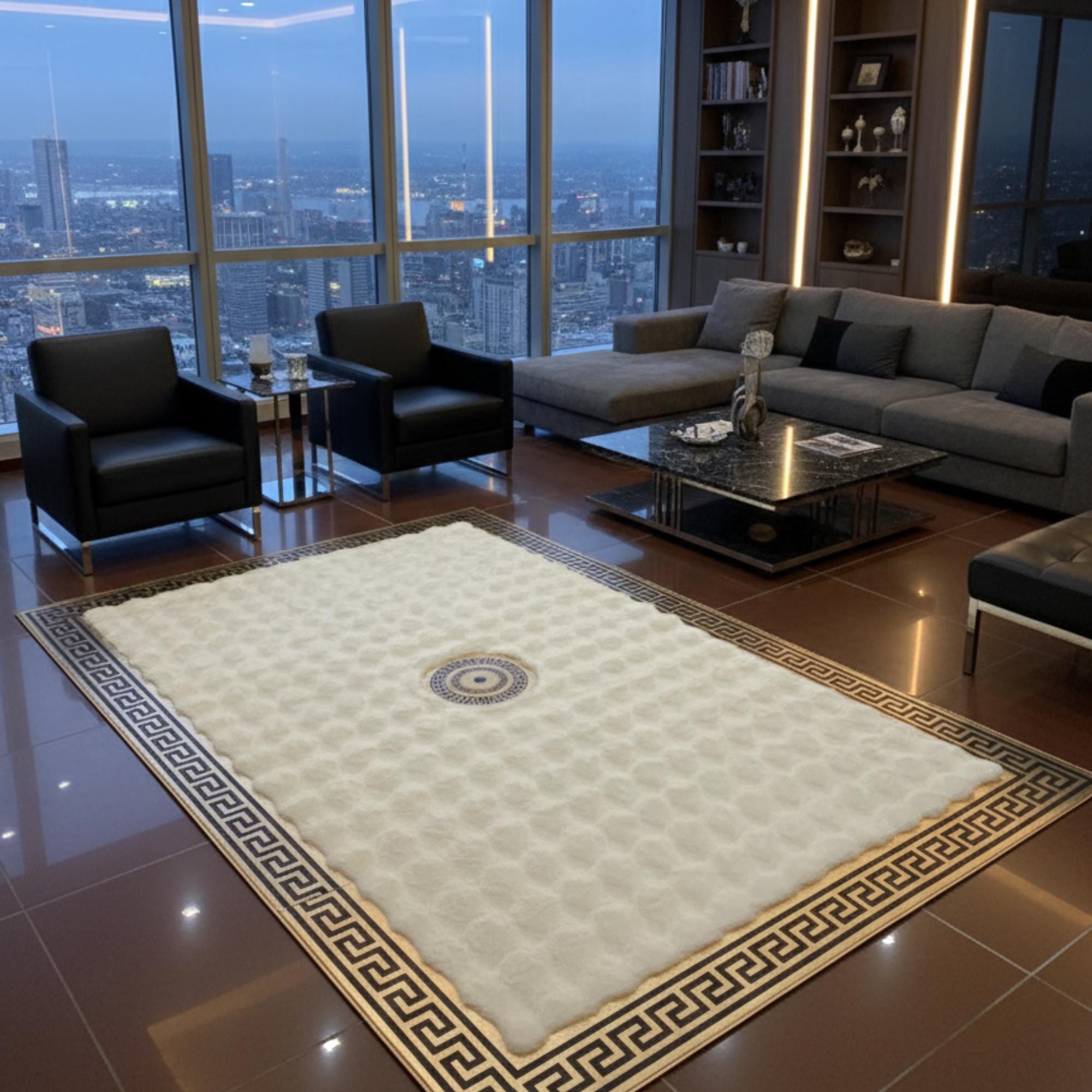 Beyaz Zeminli Merkez Altın Motifli Siyah Altın Çerçeveli Peluş Halı