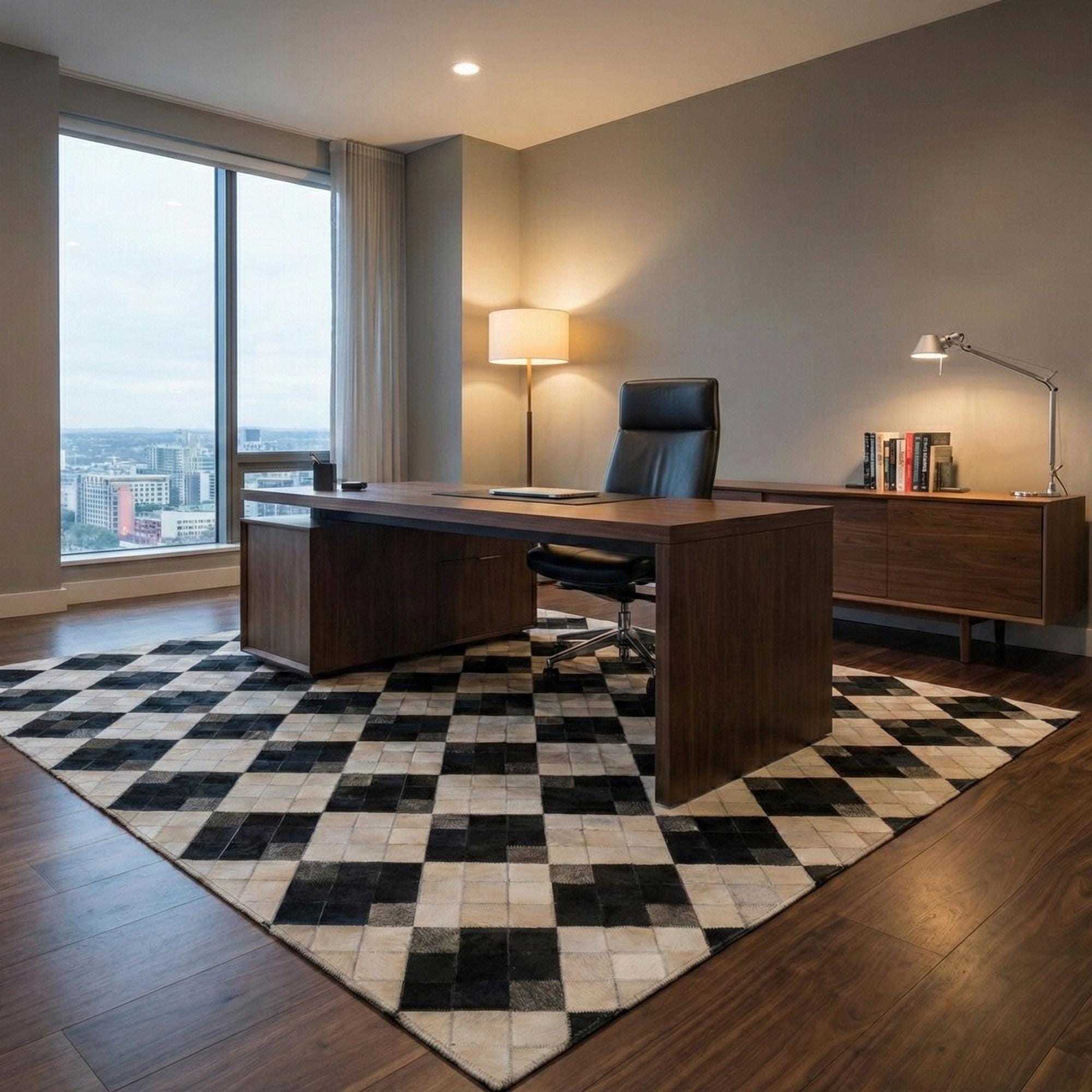 Siyah ve Krem Tonlu Dana Derisi Patchwork Halı – El Yapımı Doğal Deri Dekoratif Halı