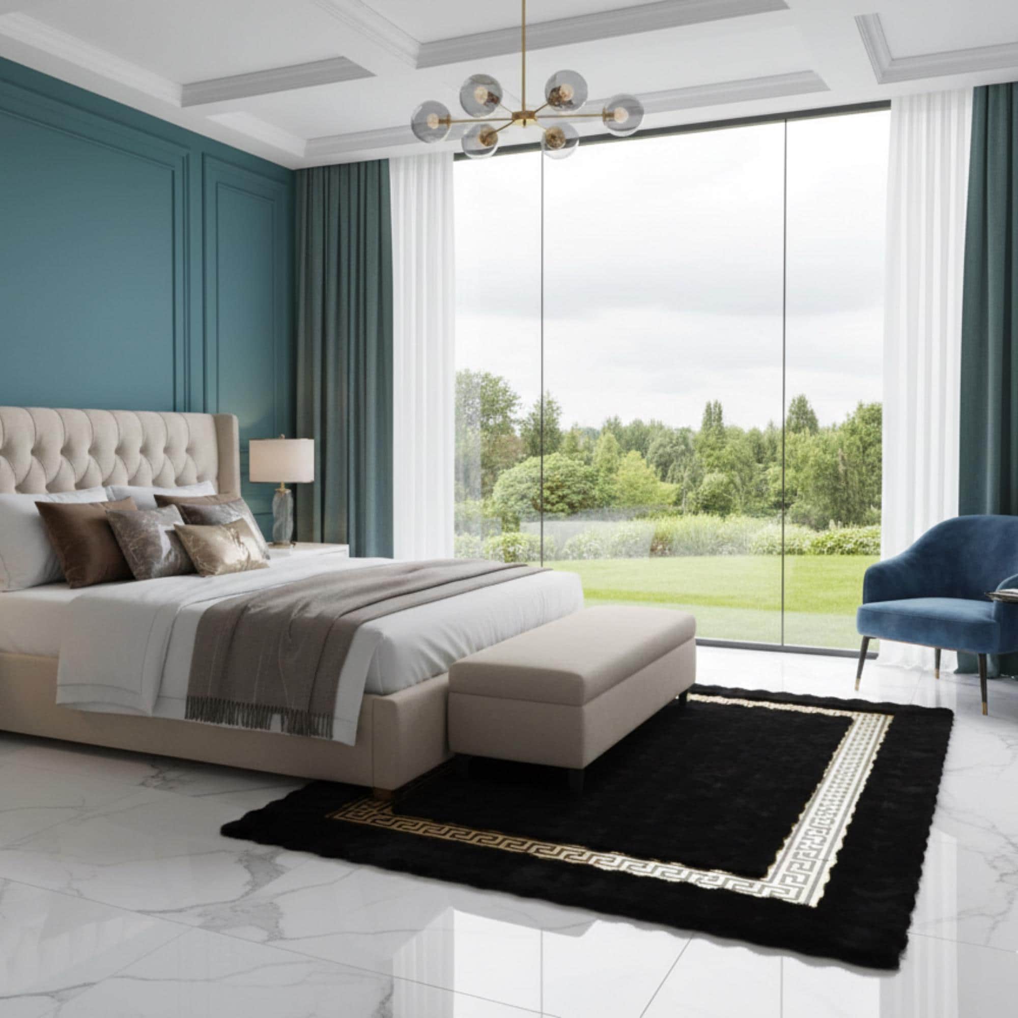 Siyah Zeminli Altın Çerçeveli Peluş Halı – Yumuşak Dokulu, Şık ve Dekoratif Halı