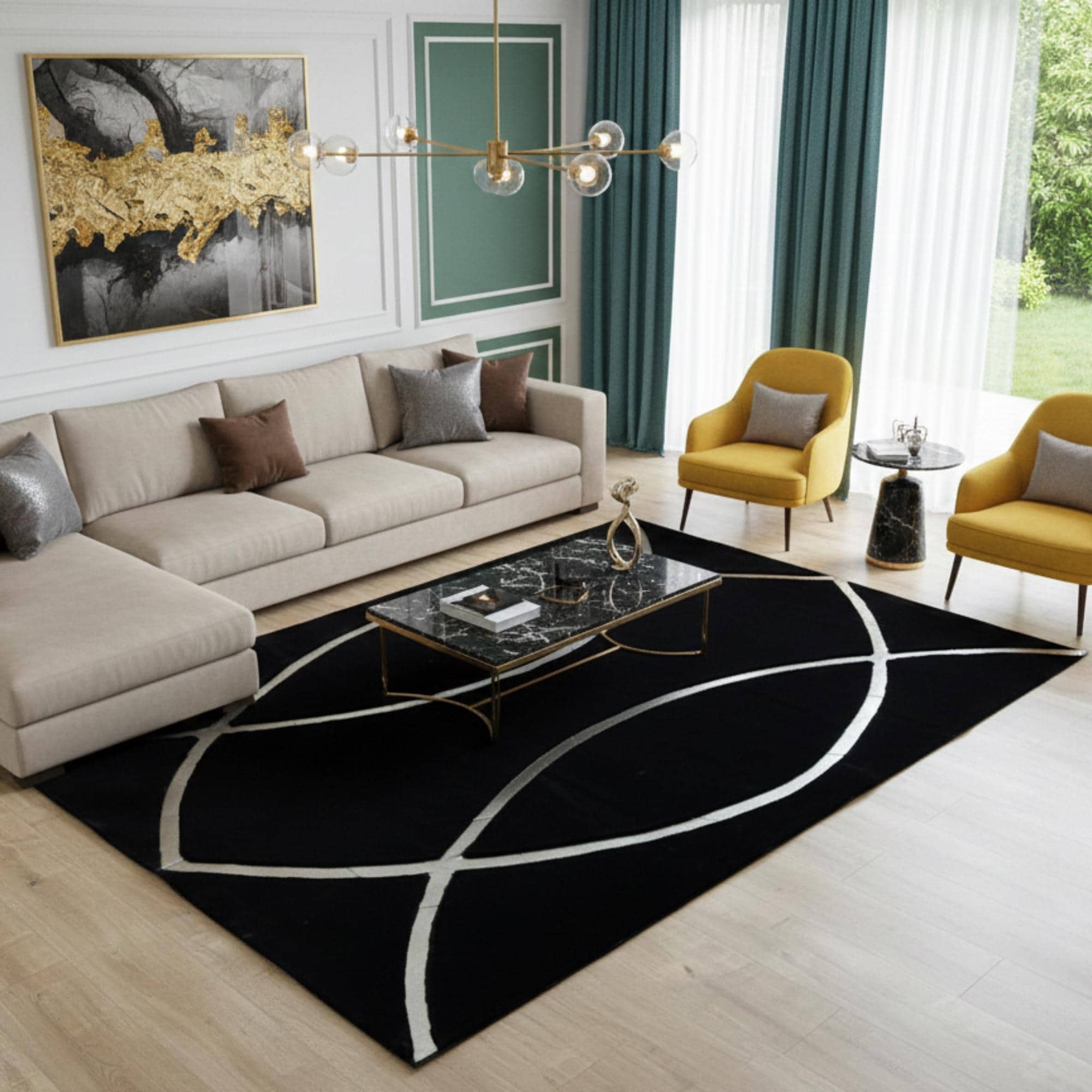 Siyah Zeminli Silver Akıcı Çizgi Desenli Peluş Halı