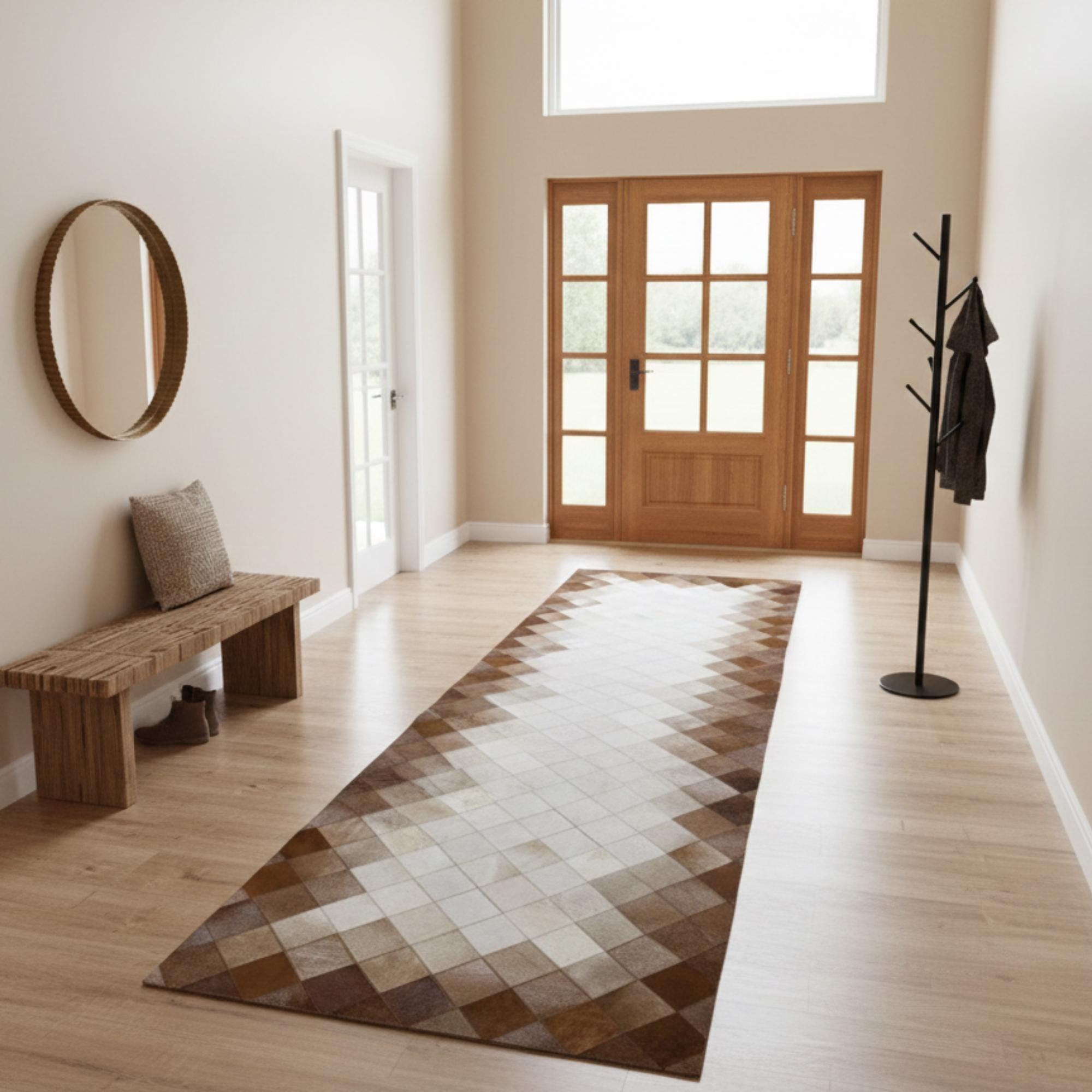 Bej ve Açık Kahverengi Tonlu Dana Derisi Patchwork Runner Halı