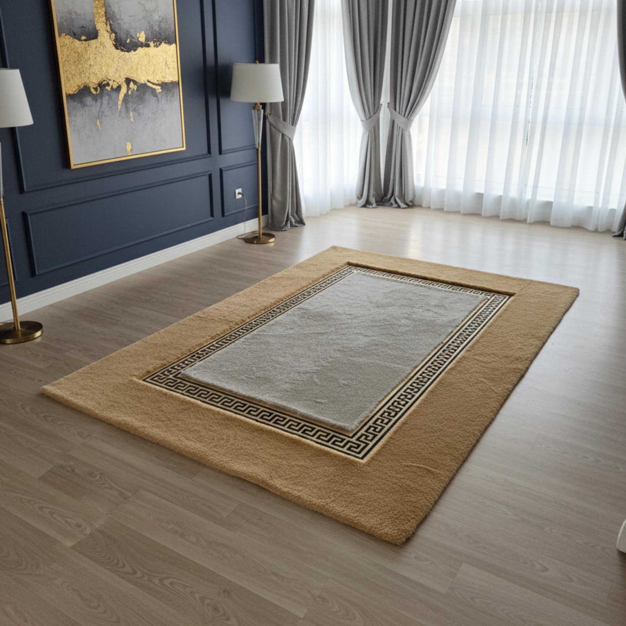 Kum Zeminli Altın Çerçeveli Peluş Halı – Yumuşak Dokulu, Şık ve Dekoratif Halı