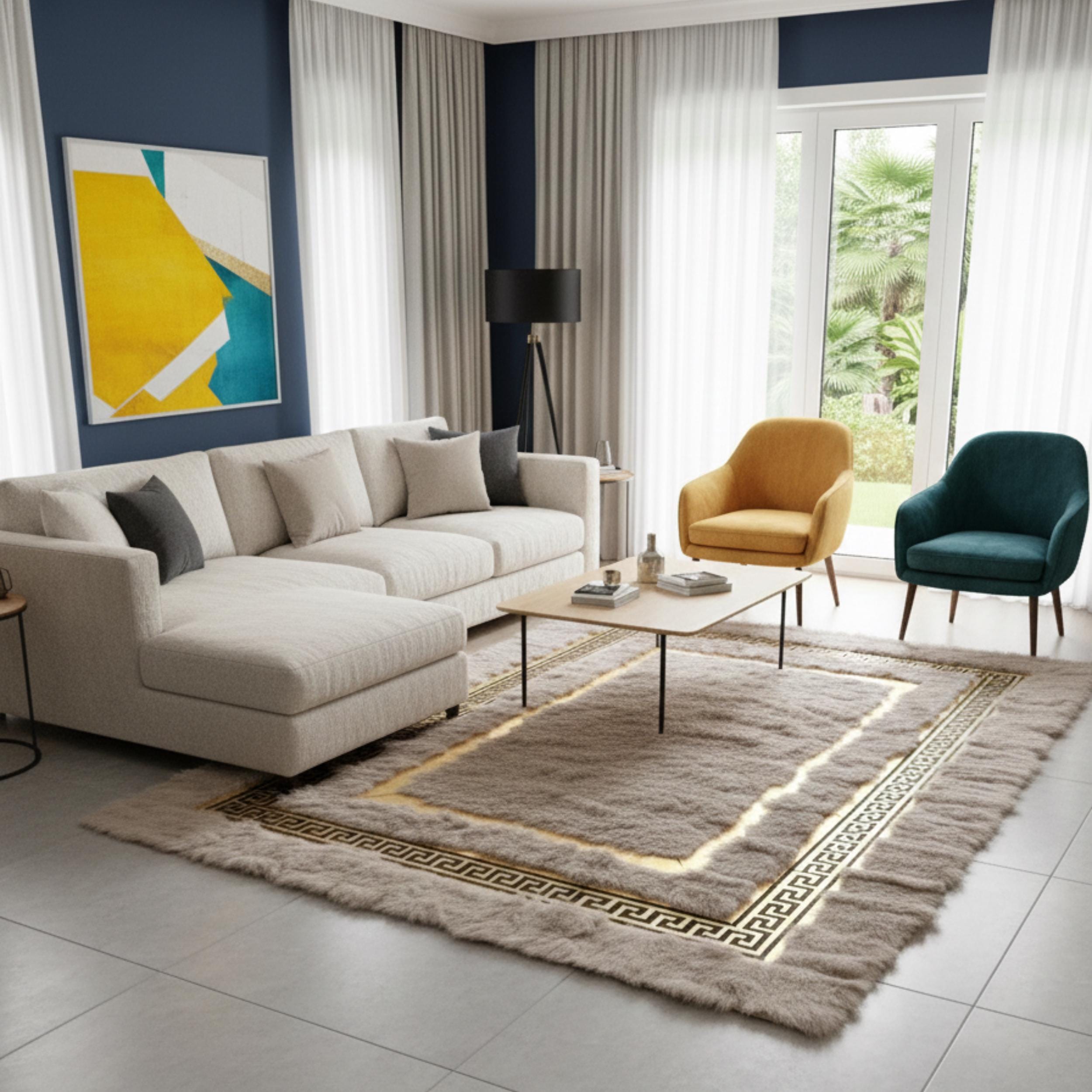 Krem Zeminli Altın Çerçeveli Peluş Halı – Yumuşak Dokulu, Şık ve Dekoratif Halı