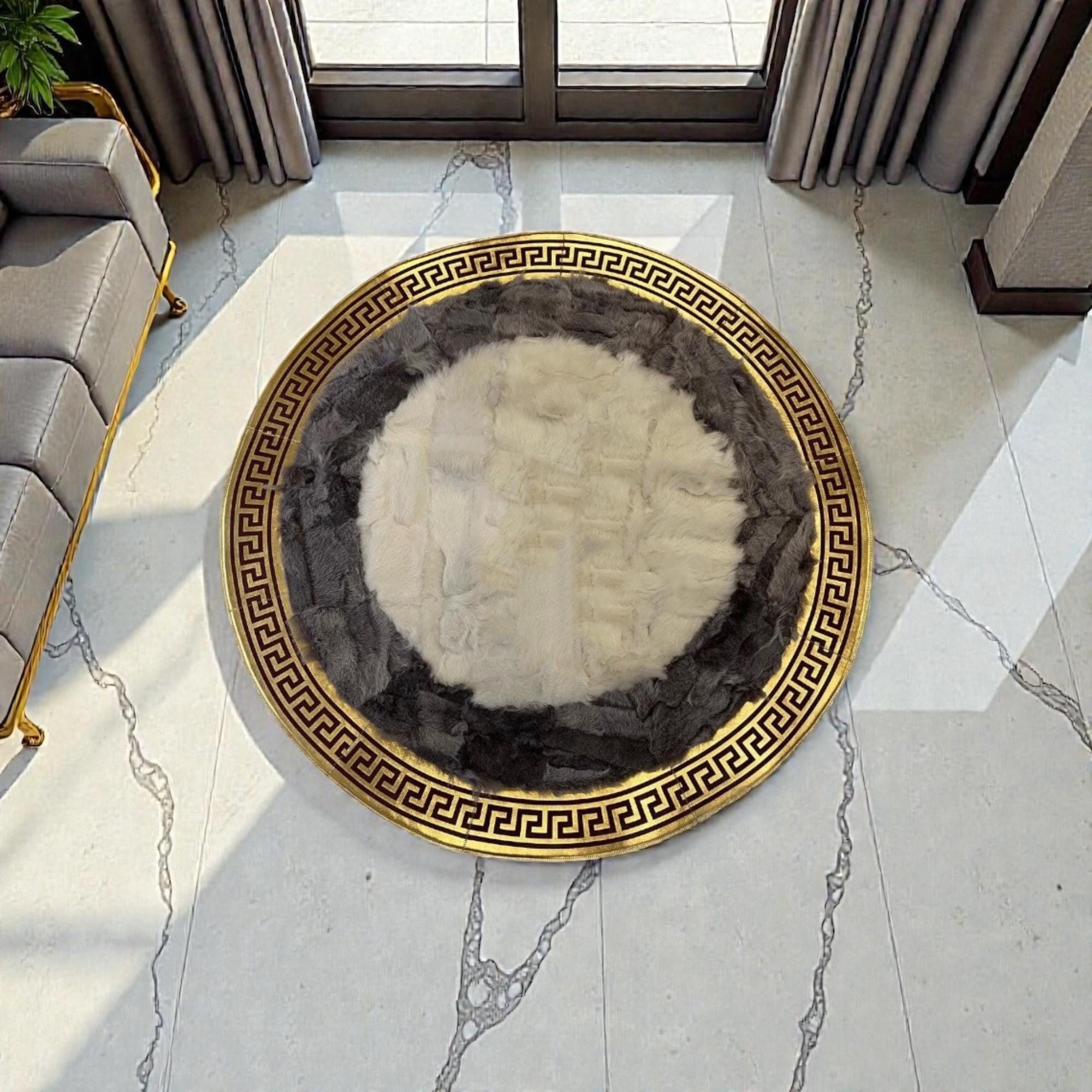 Beyaz Merkezli Gri Zeminli Altın Bordür Detaylı Yuvarlak Toskana Halı