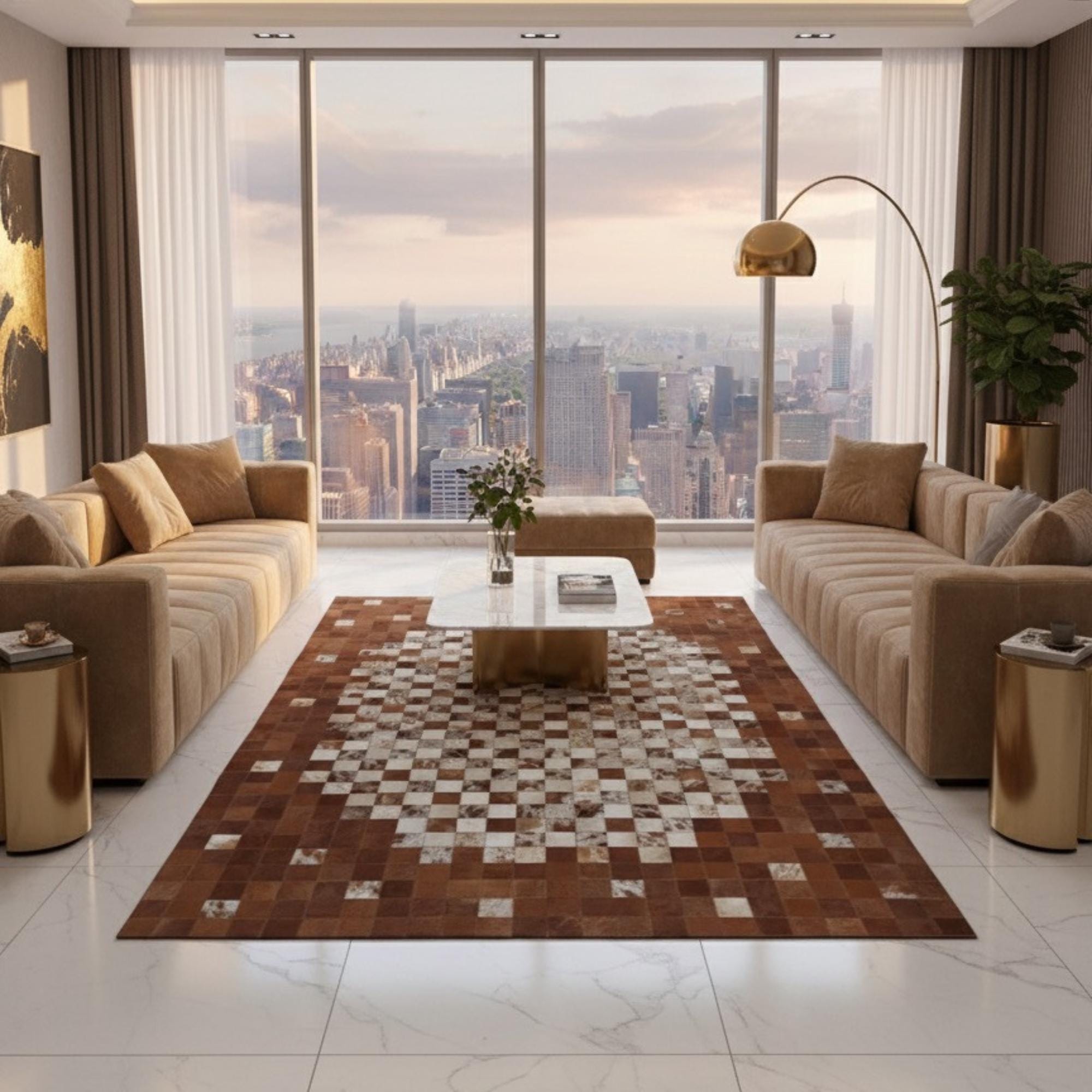 Kahverengi Merkezli Bej ve Koyu Kahverengi Tonlu Dana Derisi Patchwork