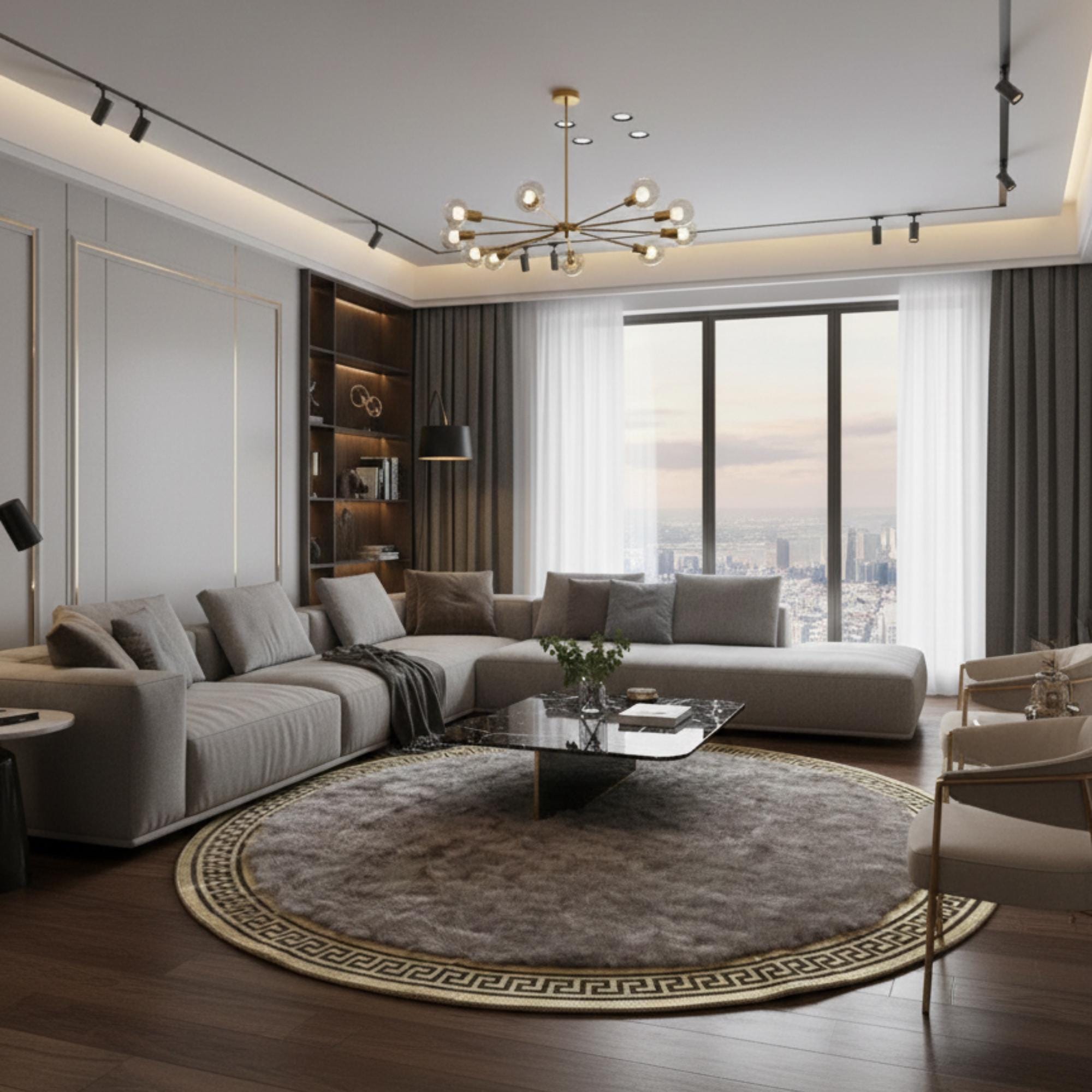 Gri Zeminli Altın Çerçeveli Yuvarlak Toskana Halı – Yumuşak Dokulu, Zarif ve Dekoratif Halı