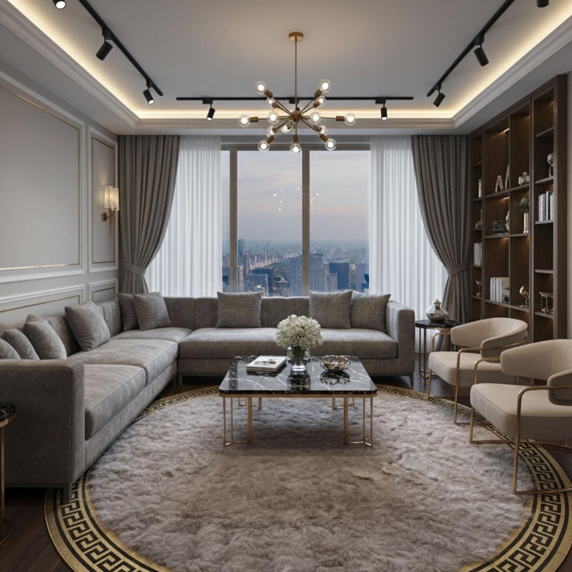 Gri Zeminli Altın Çerçeveli Yuvarlak Toskana Halı – Yumuşak Dokulu, Zarif ve Dekoratif Halı