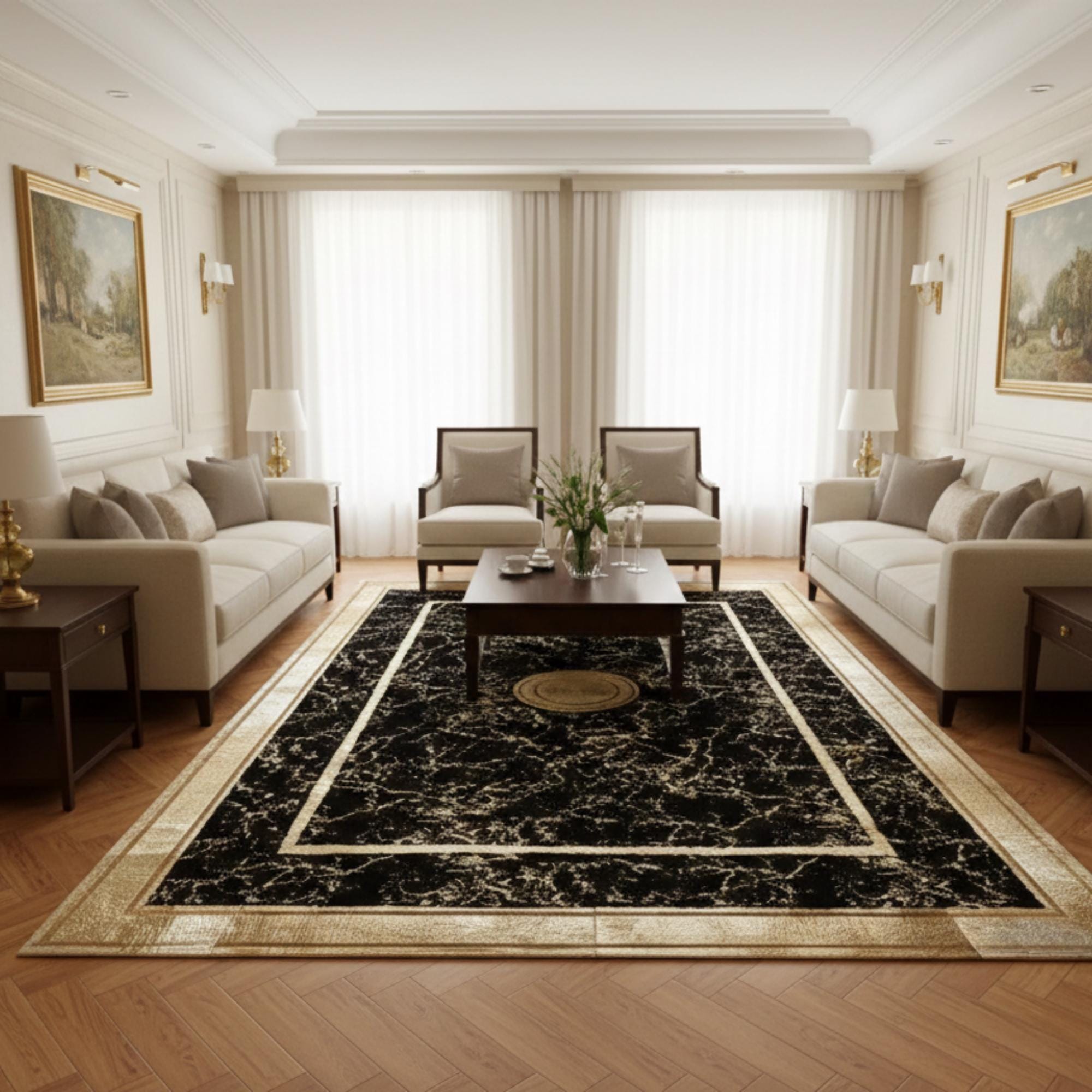 Siyah Zeminli Klasik Desenli Altın Çerçeveli Peluş Halı – Yumuşak Dokulu, Şık ve Dekoratif Halı