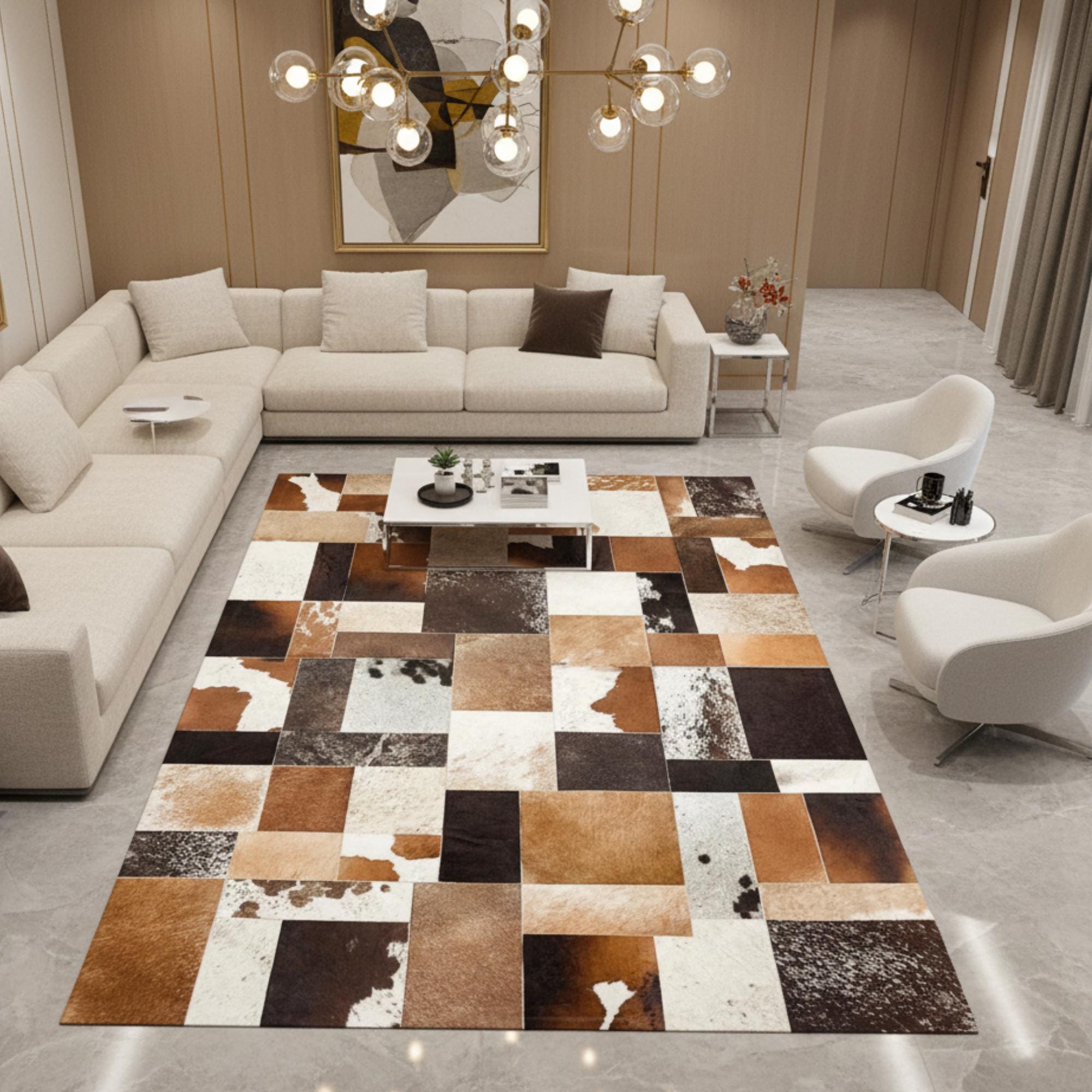 Bej, Kahverengi ve Siyah Tonlu Dana Derisi Patchwork Halı – El Yapımı Doğal Deri Dekoratif Halı