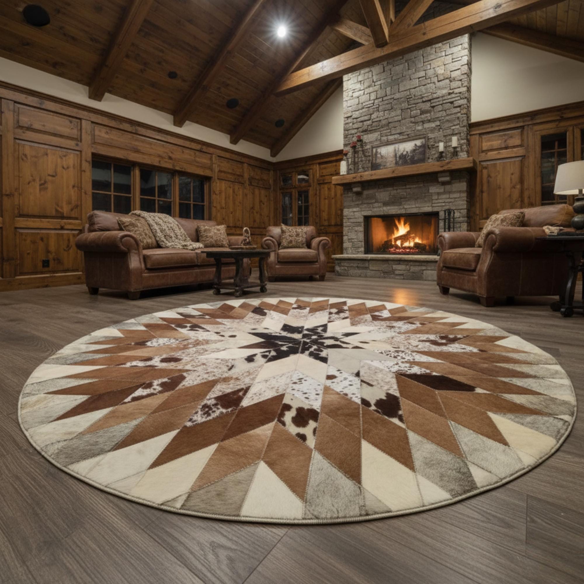 Krem ve Kahverengi Tonlarında Yuvarlak Dana Derisi Patchwork Halı