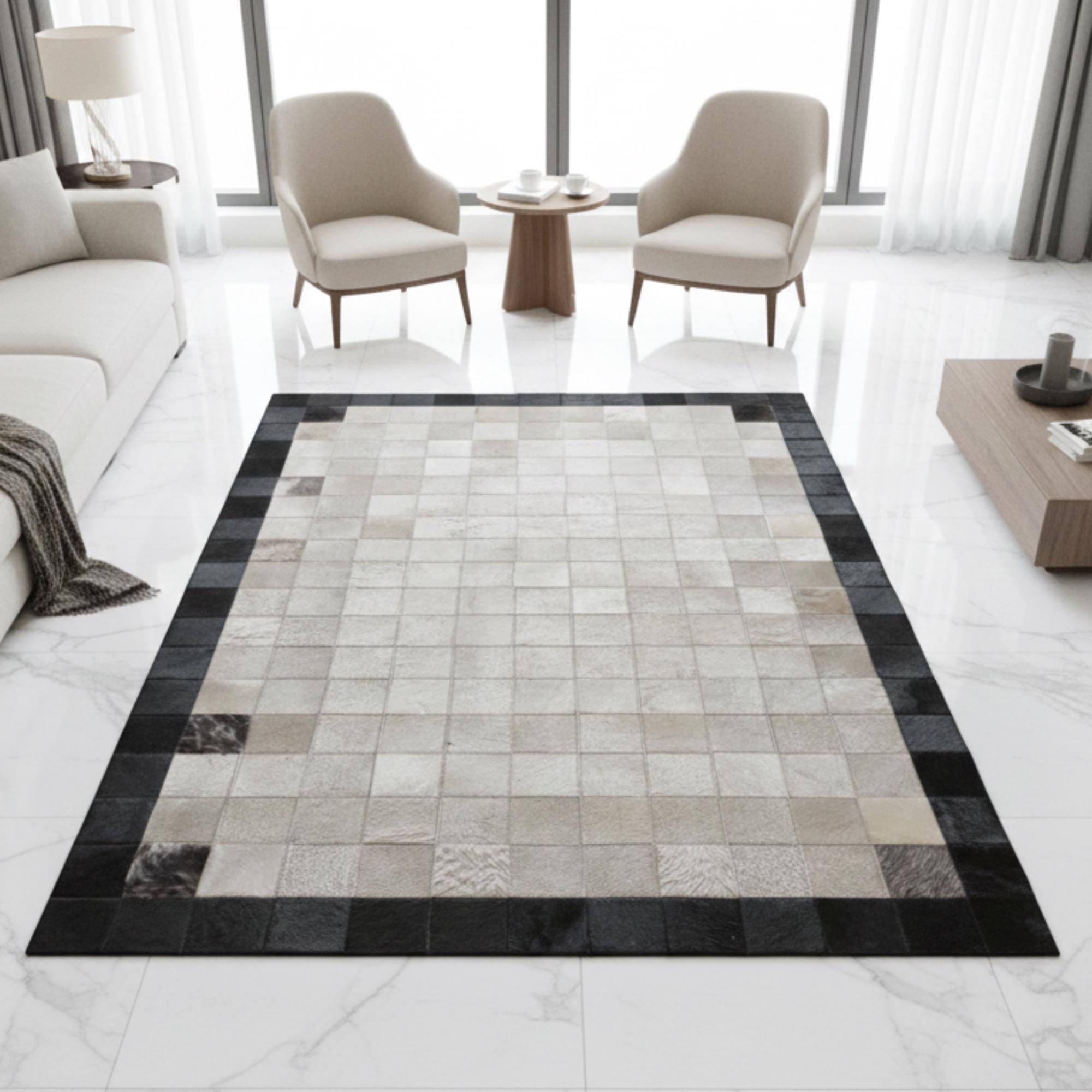 Açık Krem Merkezli Siyah Çerçeveli Dana Derisi Patchwork Halı – El Yapımı Doğal Deri Dekoratif Halı