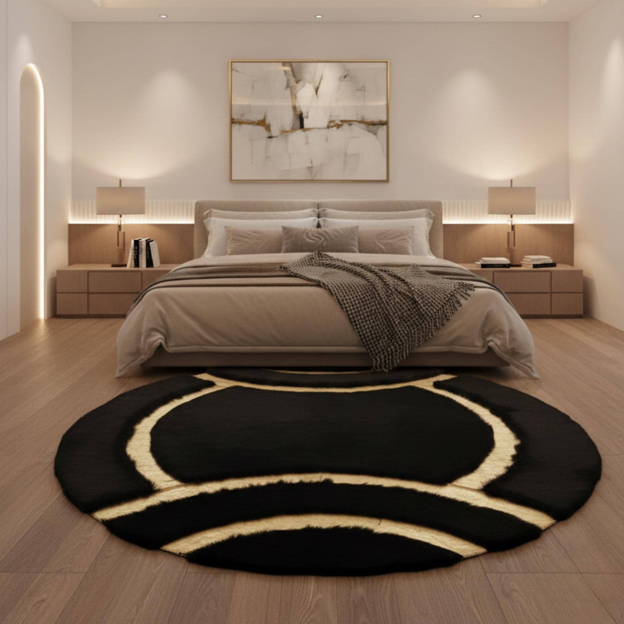 Siyah Zeminli Altın Akıcı Çizgi Desenli Yuvarlak Peluş Halı – Yumuşak Dokulu, Modern ve Dekoratif Halı