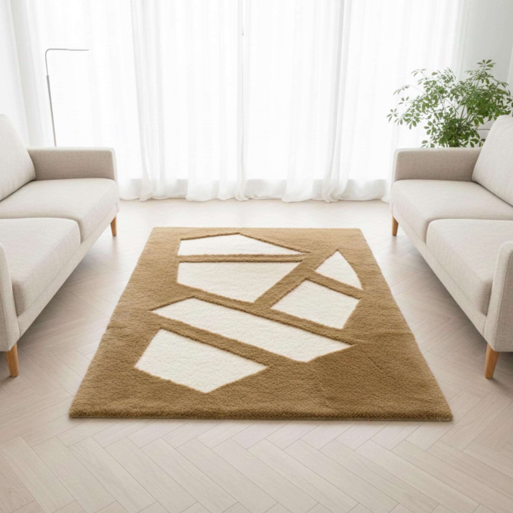 Açık Kahverengi Camel Zeminli Beyaz Geometrik Desenli Peluş Halı – Yumuşak Dokulu, Şık ve Dekoratif Halı