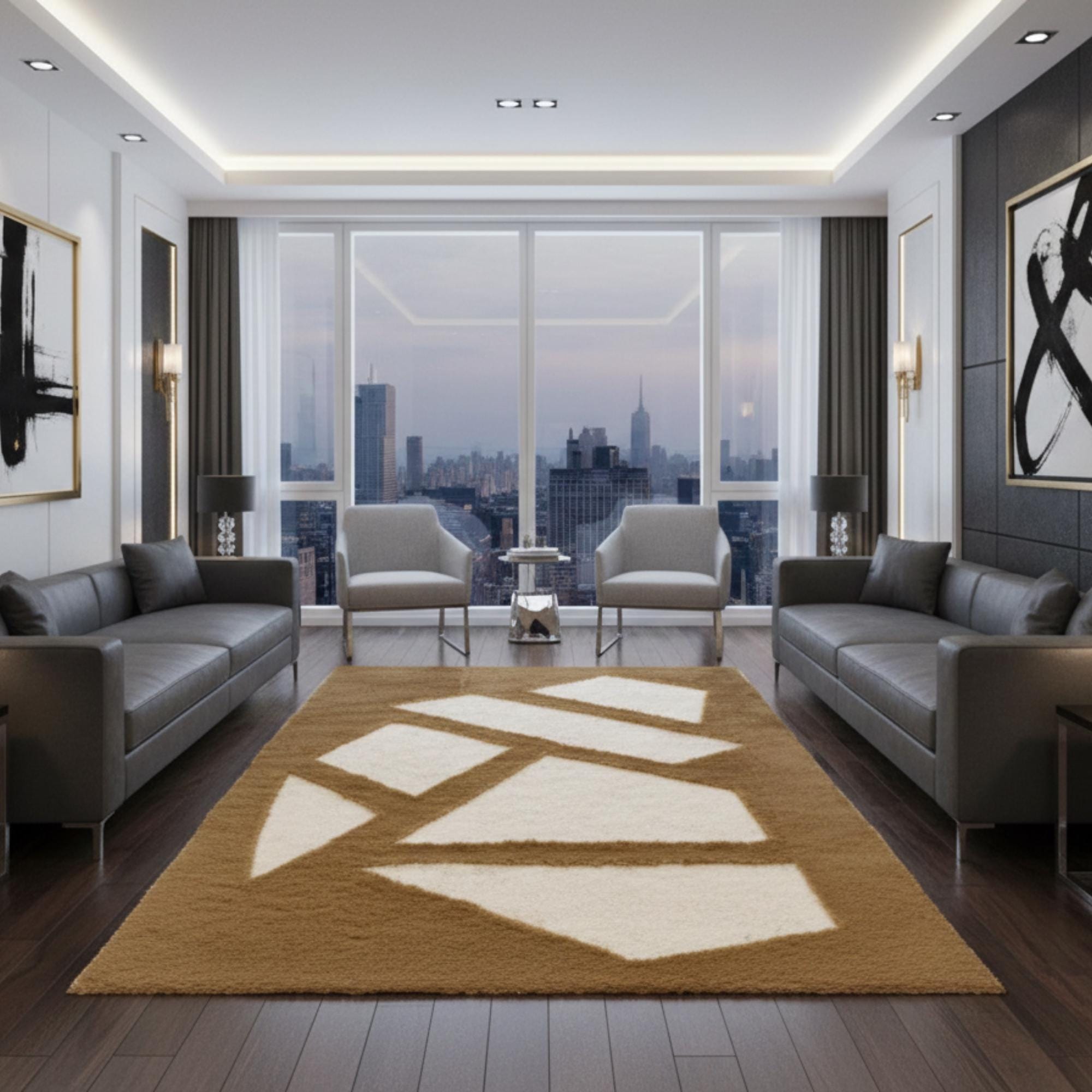 Açık Kahverengi Camel Zeminli Beyaz Geometrik Desenli Peluş Halı – Yumuşak Dokulu, Şık ve Dekoratif Halı