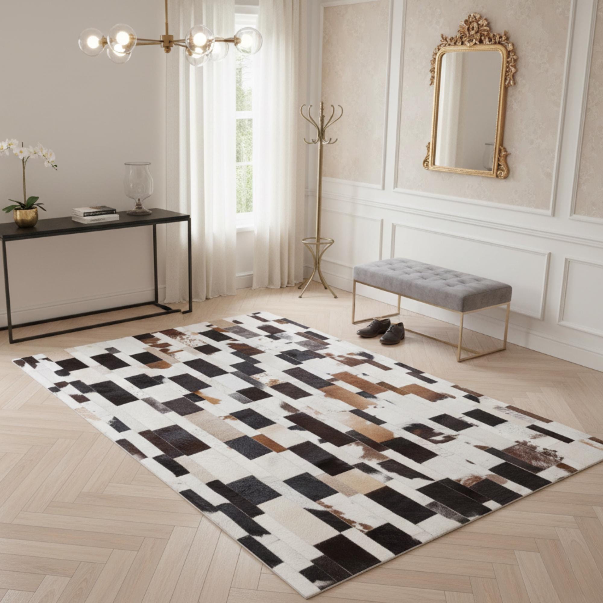 Siyah Beyaz Desenli Dana Derisi Patchwork Halı