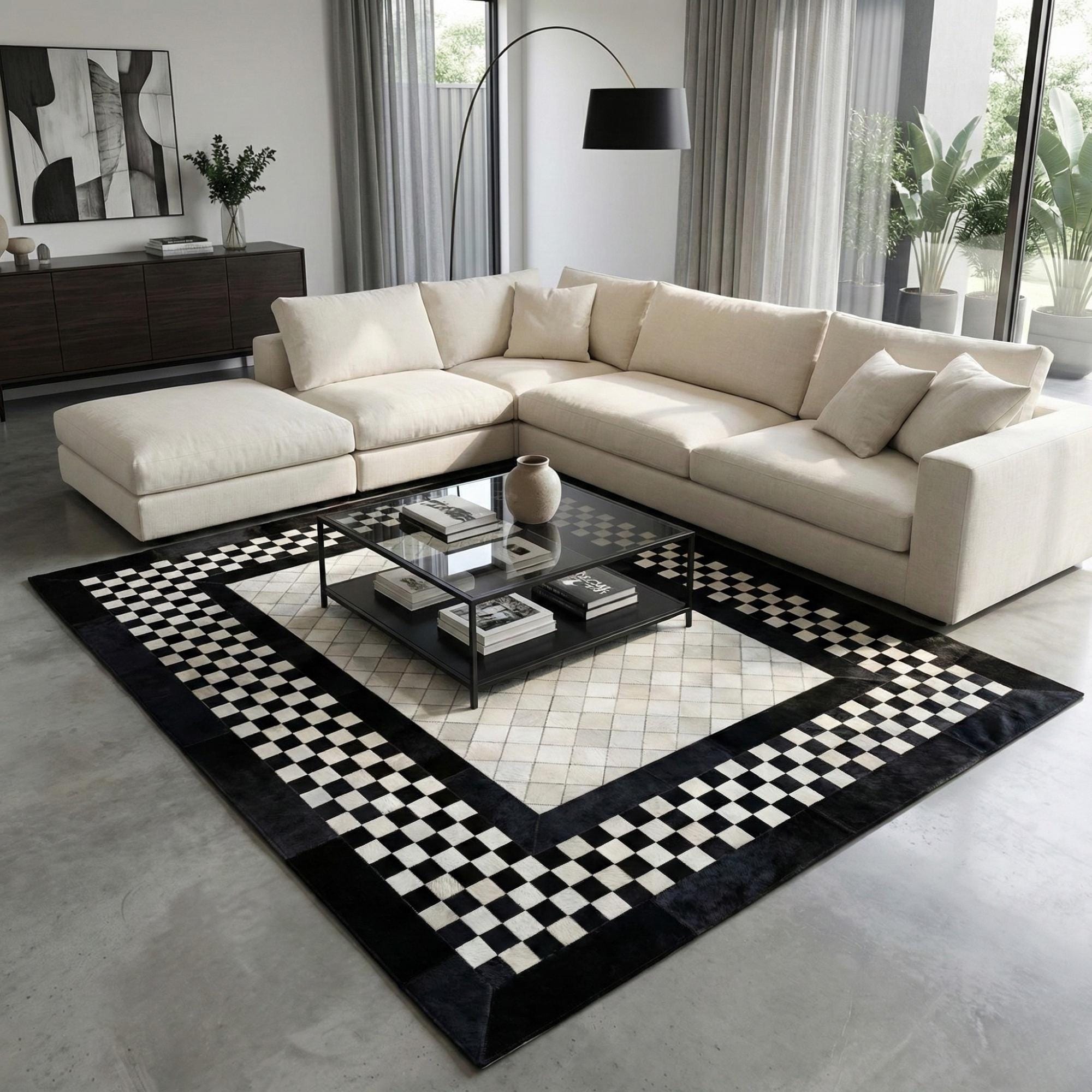 Siyah Beyaz Çerçeveli Dana Derisi Patchwork Halı – El Yapımı Doğal Deri Dekoratif Halı