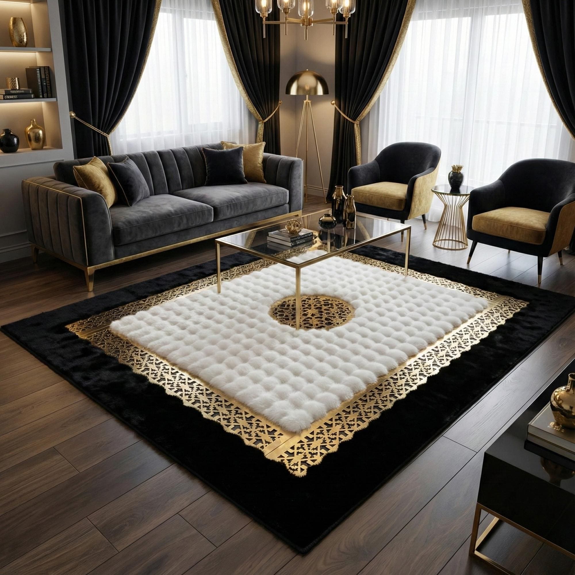 Siyah Çerçeveli Beyaz Merkezli Altın Motif Bordürlü Peluş Halı – Yumuşak Dokulu, Şık ve Dekoratif Halı