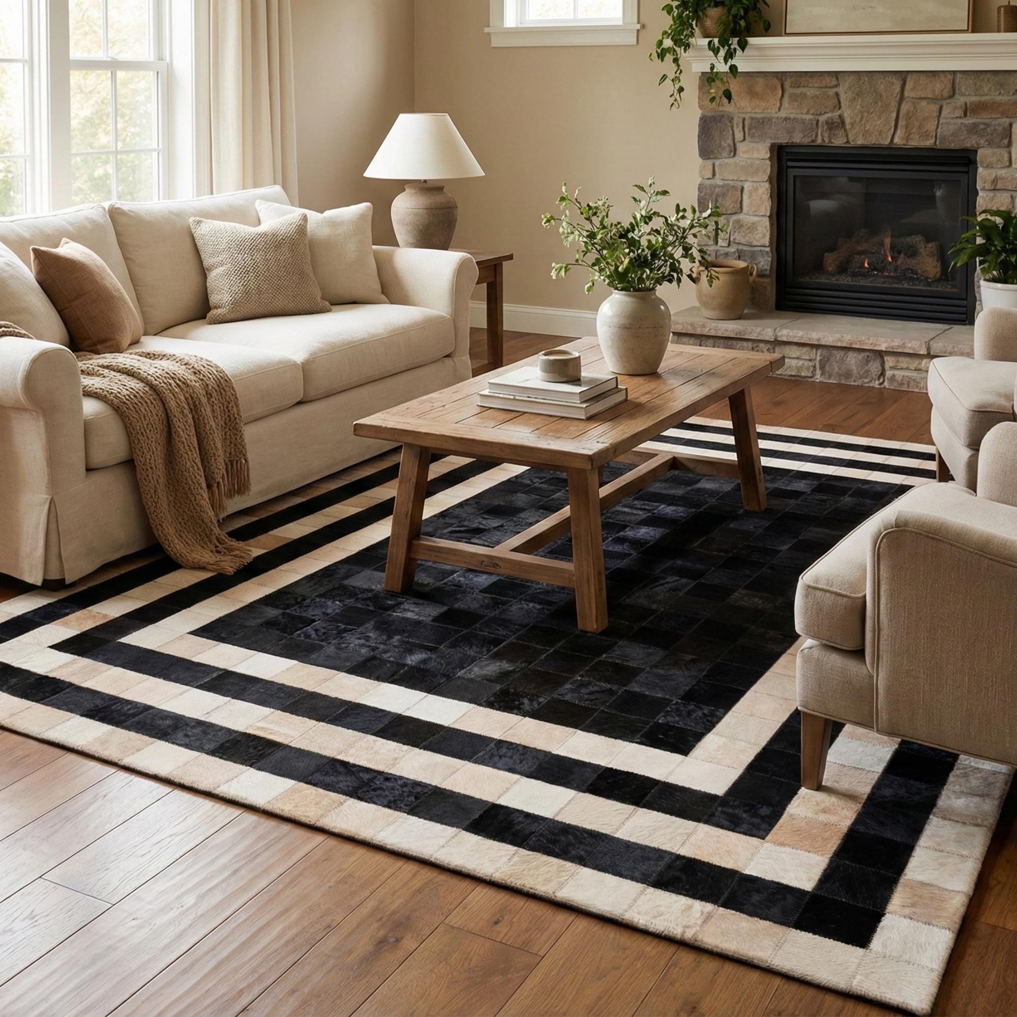 Siyah Zeminli Bej Çizgili Dana Derisi Patchwork Halı – El Yapımı Doğal Deri Dekoratif Halı
