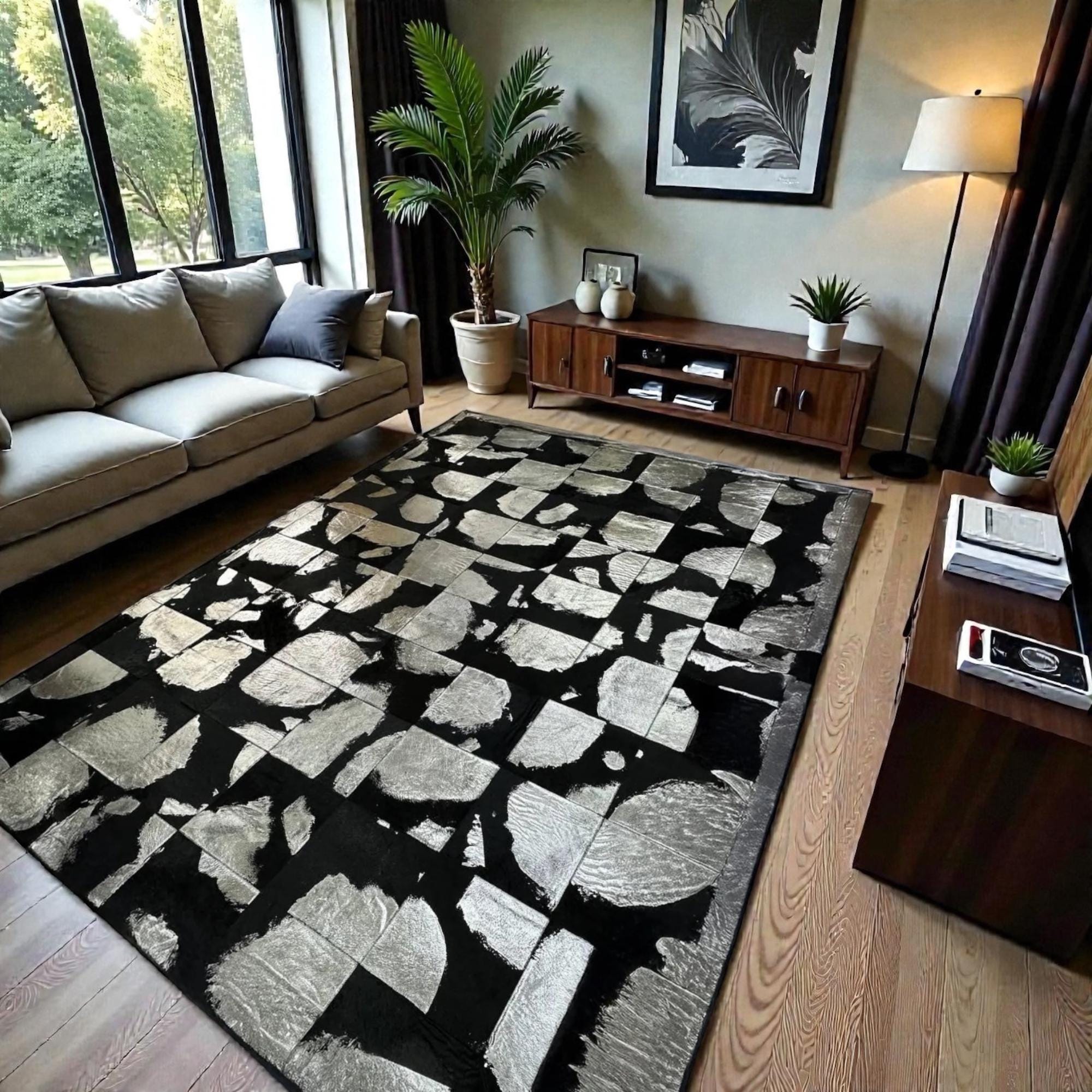 Gri Gümüş Silver Zeminli Siyah Doğal Desenli Dana Derisi Patchwork Halı