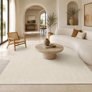Cream Textured Woven Area Rug, Scandinavian Japandi Living Room Carpet
